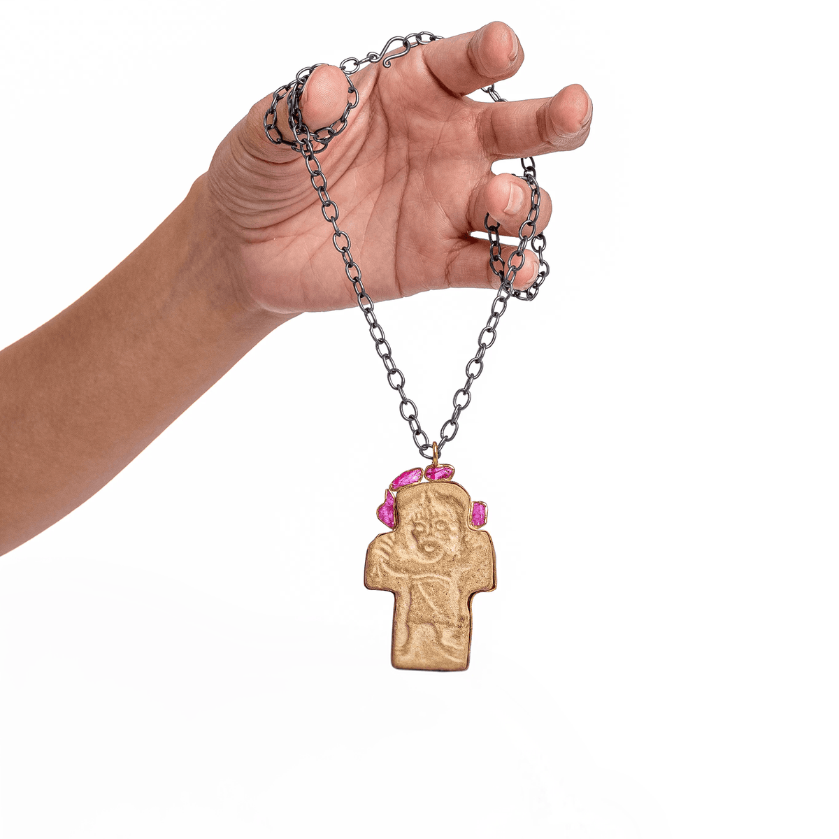 Tanit Cross Ancient Phoenician Amulet Pendant with Natural Raw Ruby