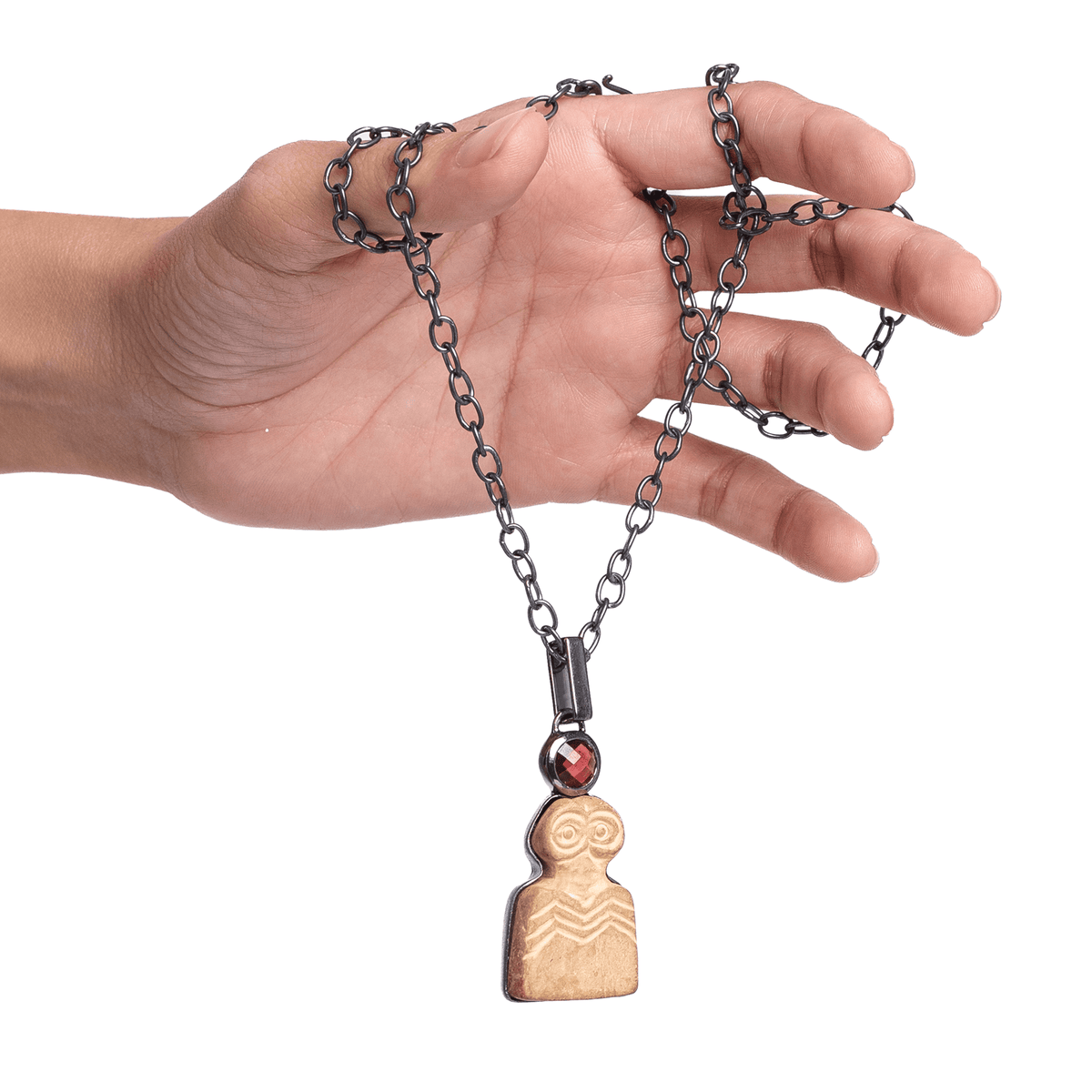 Strix Ancient Owl Shaped Artifact Pendant with Natural Rhodolite Garnet
