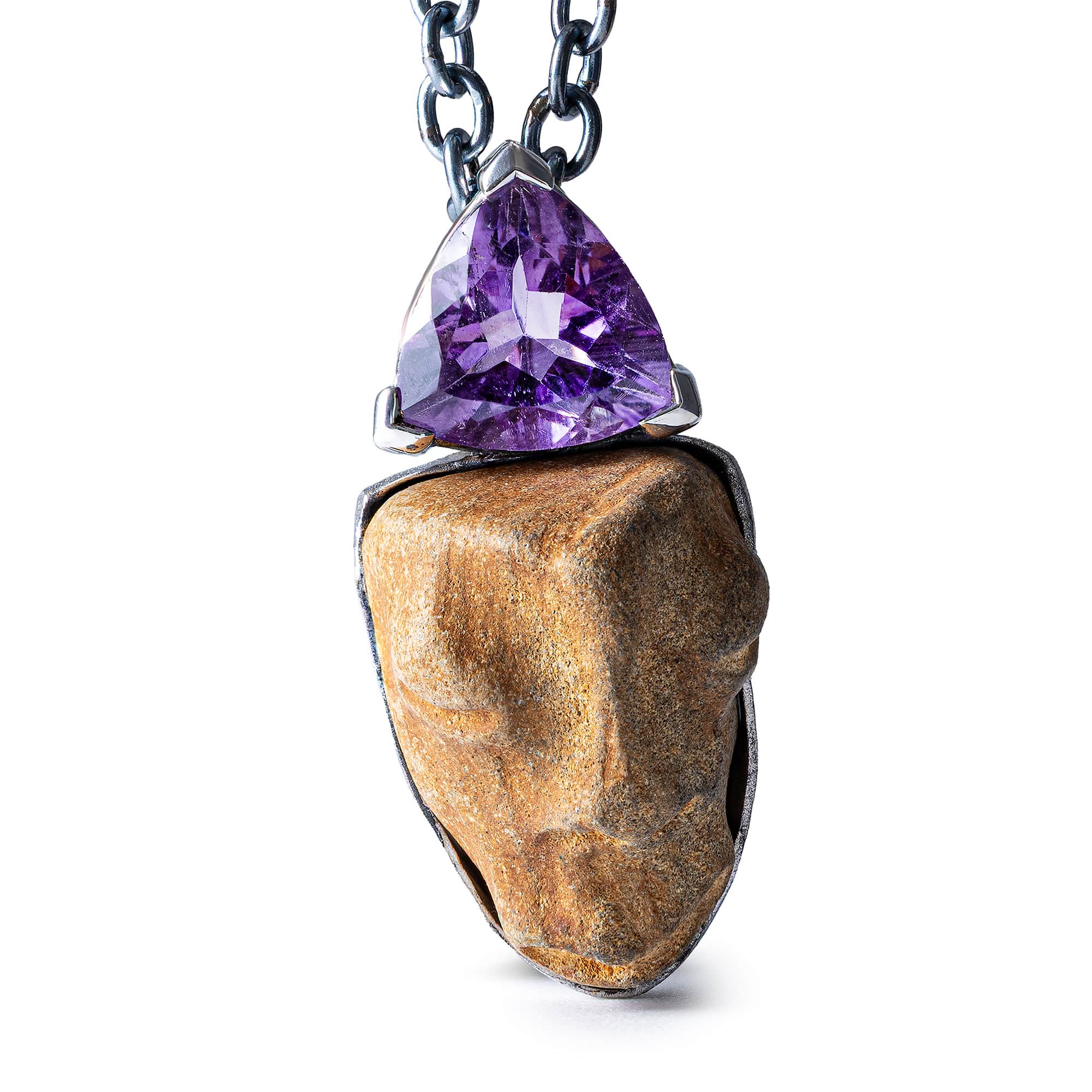 Tanit Sterling Silver Pendant with Ancient Mediterranean Limestone Maskette & Trillion Amethyst