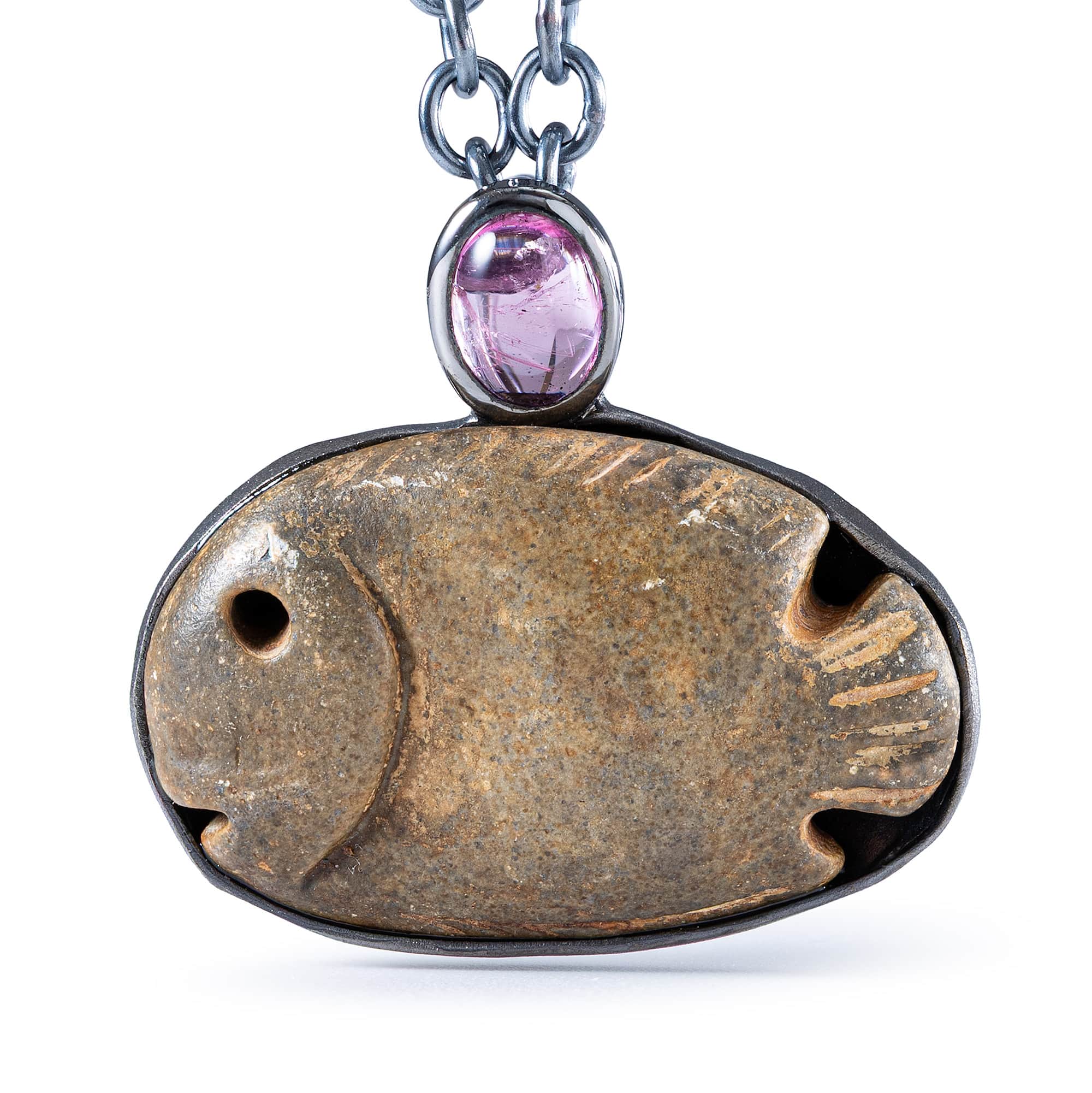 Abdju Sterling Silver Pendant with Ancient Egyptian Stone Fish Amulet & Pink Tourmaline