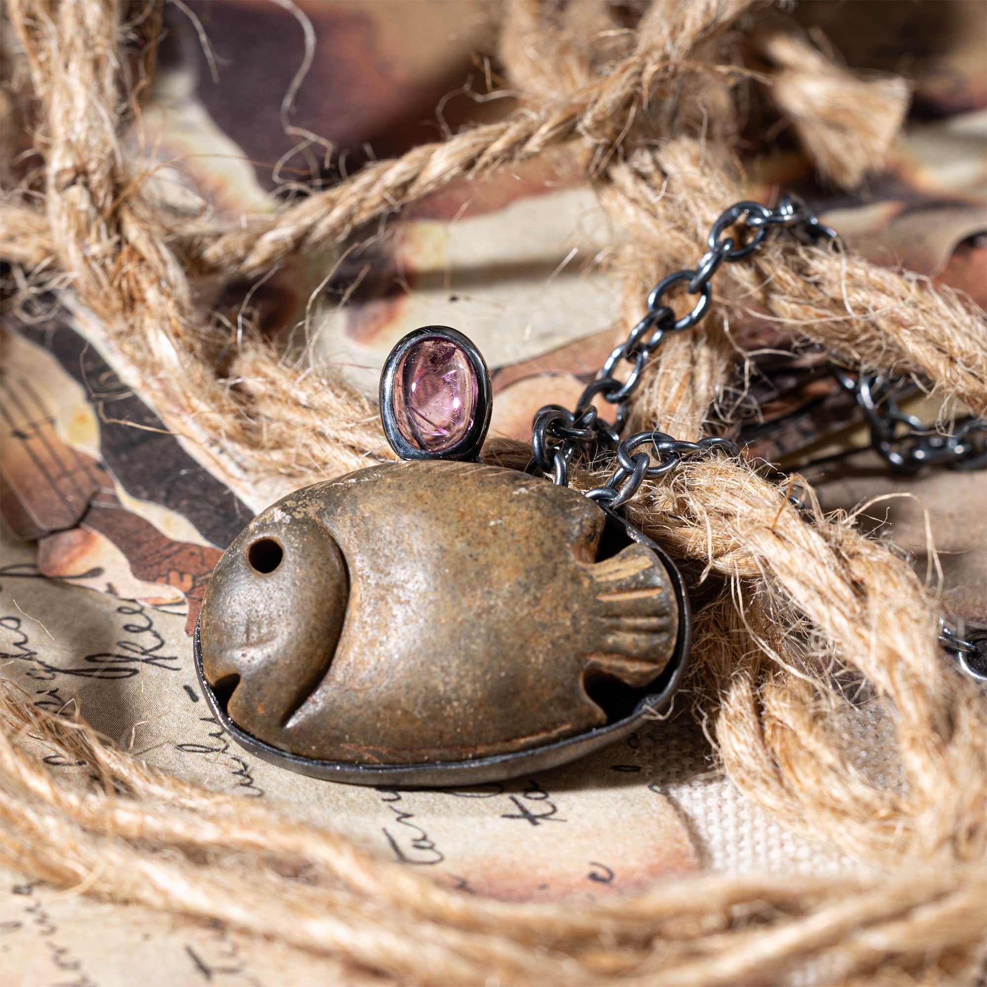 Abdju Sterling Silver Pendant with Ancient Egyptian Stone Fish Amulet & Pink Tourmaline