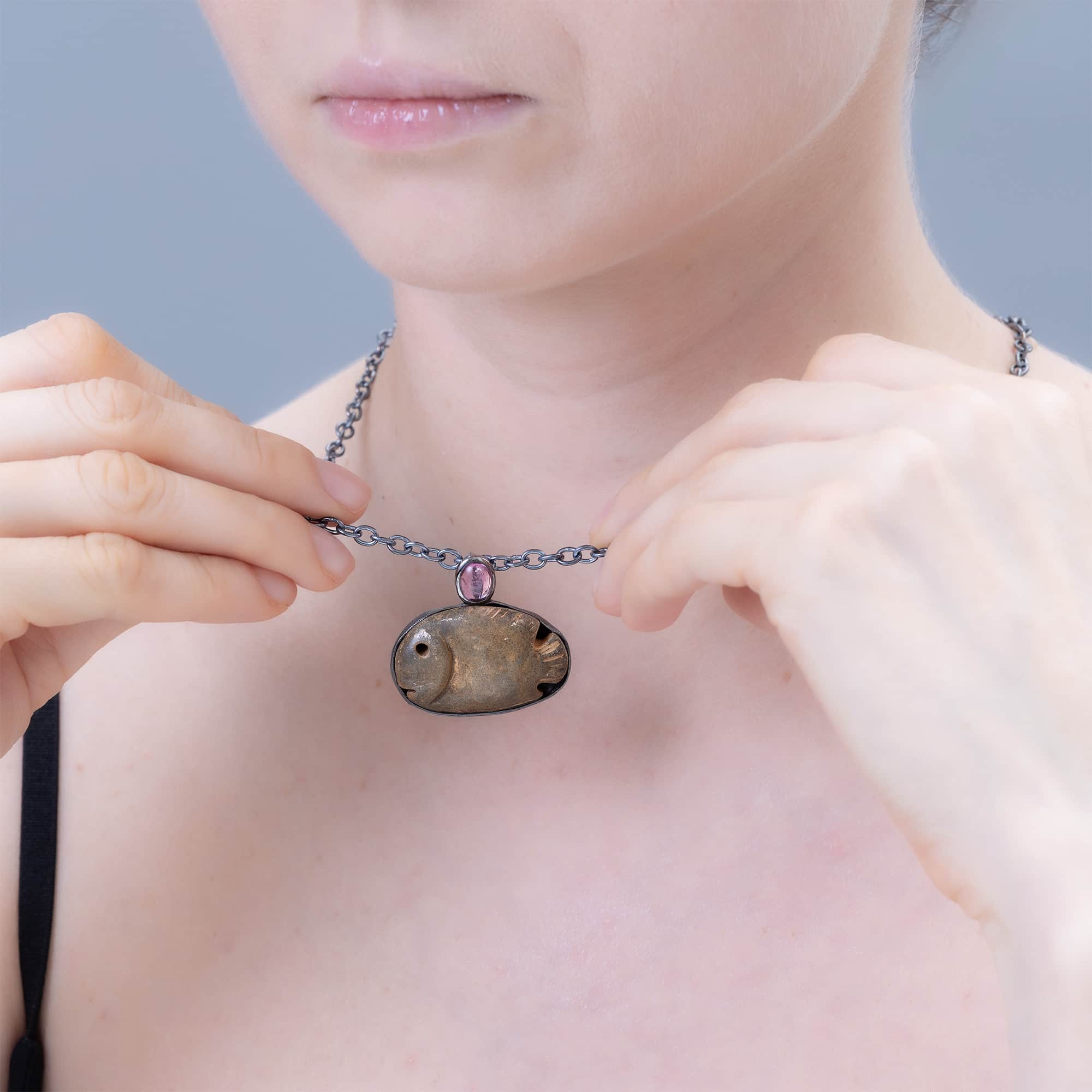 Abdju Sterling Silver Pendant with Ancient Egyptian Stone Fish Amulet & Pink Tourmaline