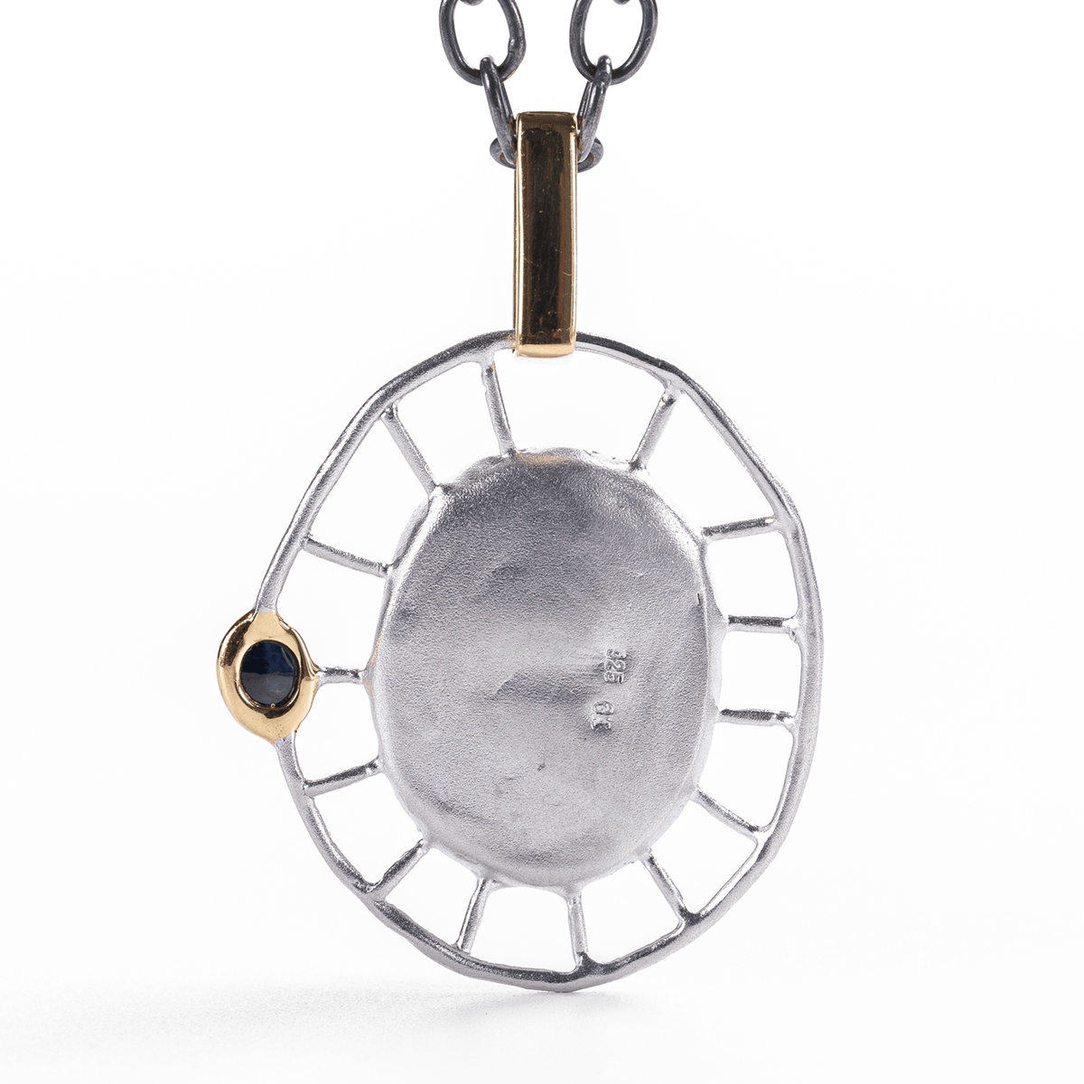 Uri Ancient Mesopotamian Protection Amulet Silver Pendant with Oval Cut Blue Sapphire