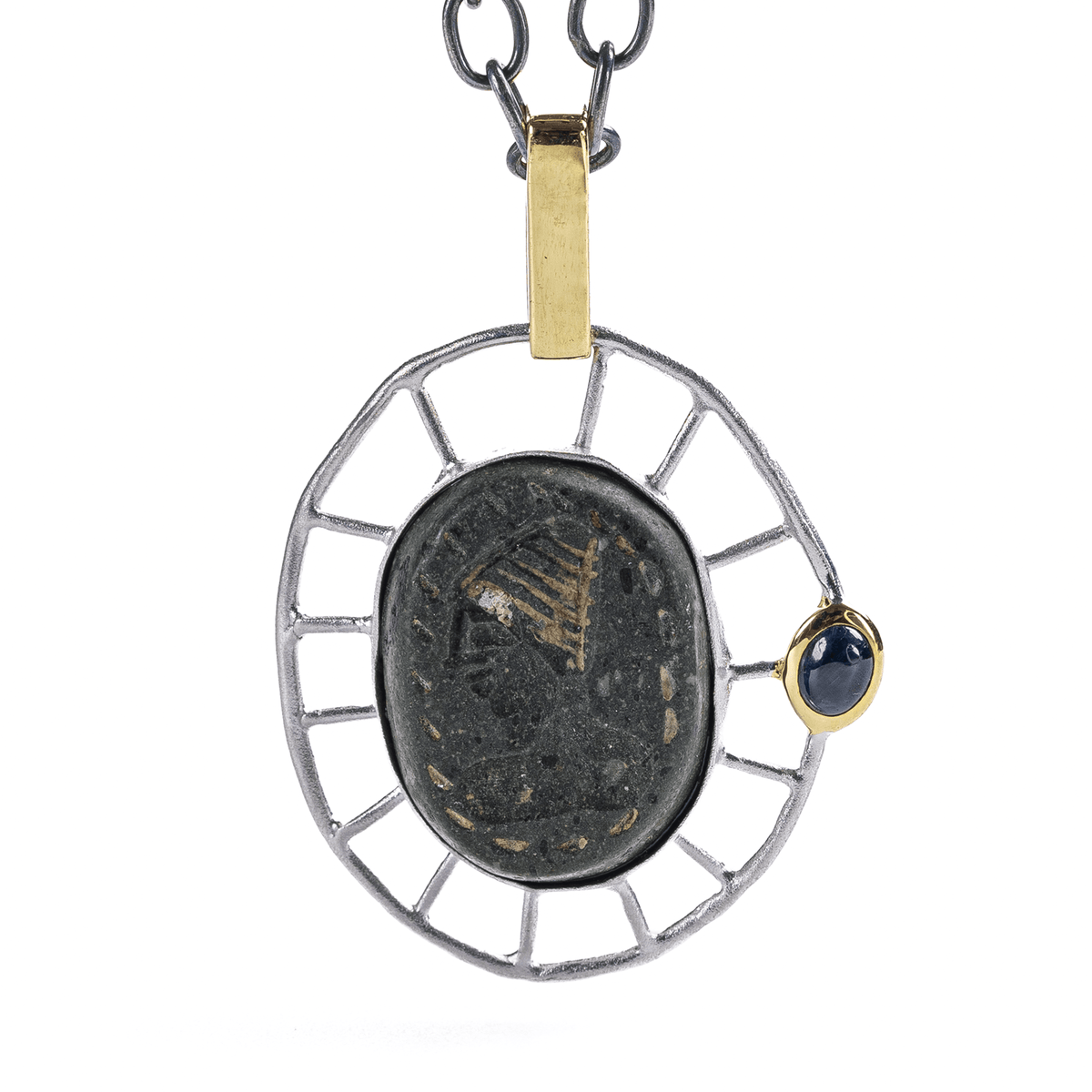 Uri Ancient Mesopotamian Protection Amulet Silver Pendant with Oval Cut Blue Sapphire