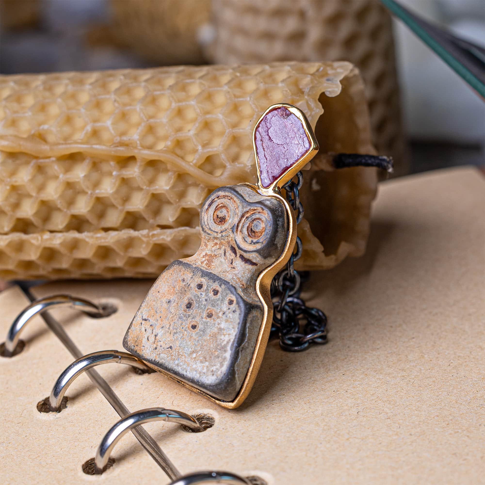 Brak Sterling Silver Pendant with Ancient Chalcolithic Eye Idol & Natural Rough Ruby