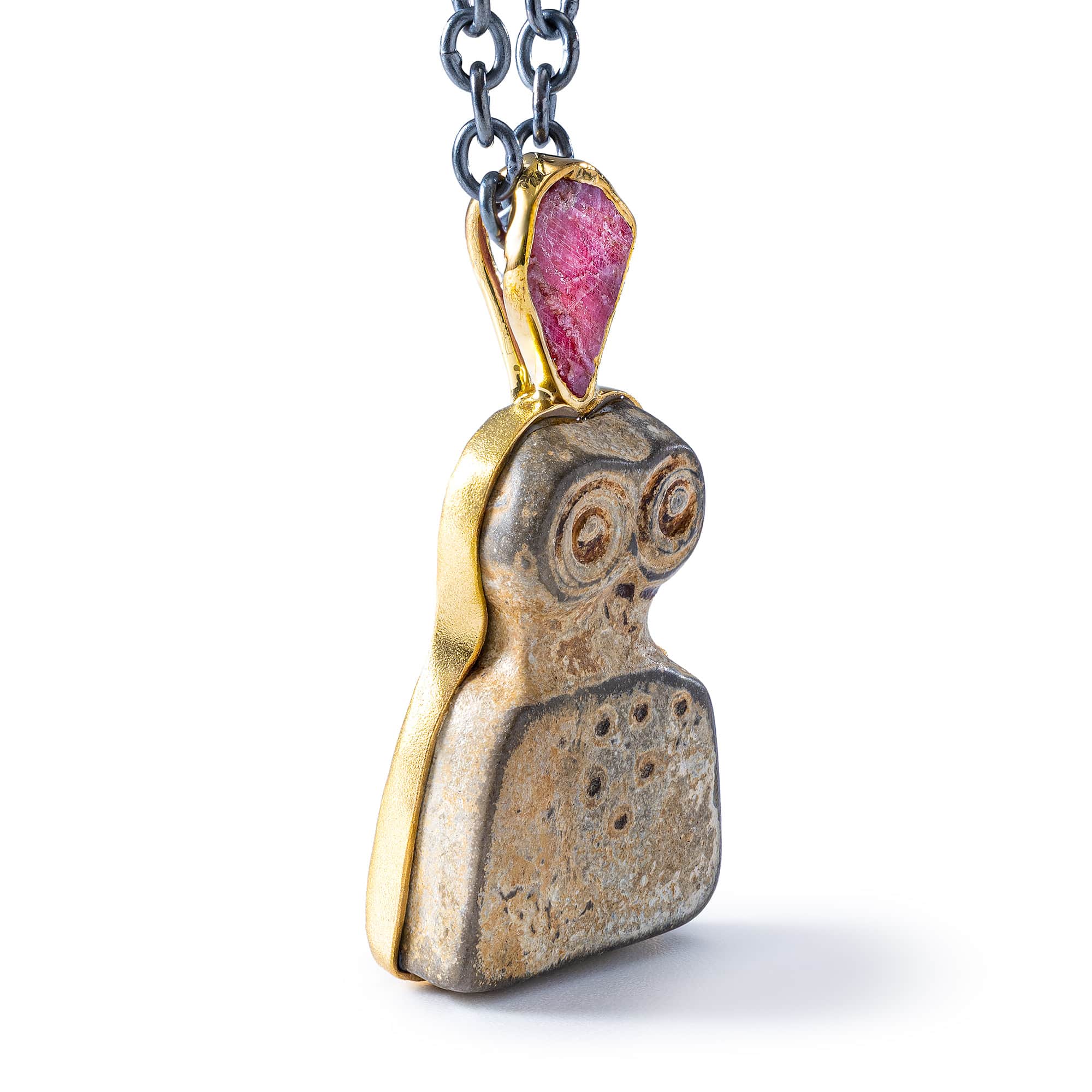 Brak Sterling Silver Pendant with Ancient Chalcolithic Eye Idol & Natural Rough Ruby