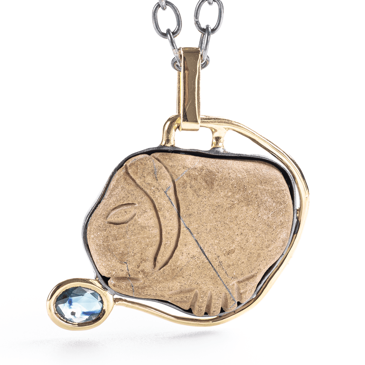 Derceto Authentic Ancient Fish Amulet Pendant in Silver with Oval Cut Blue Sapphire