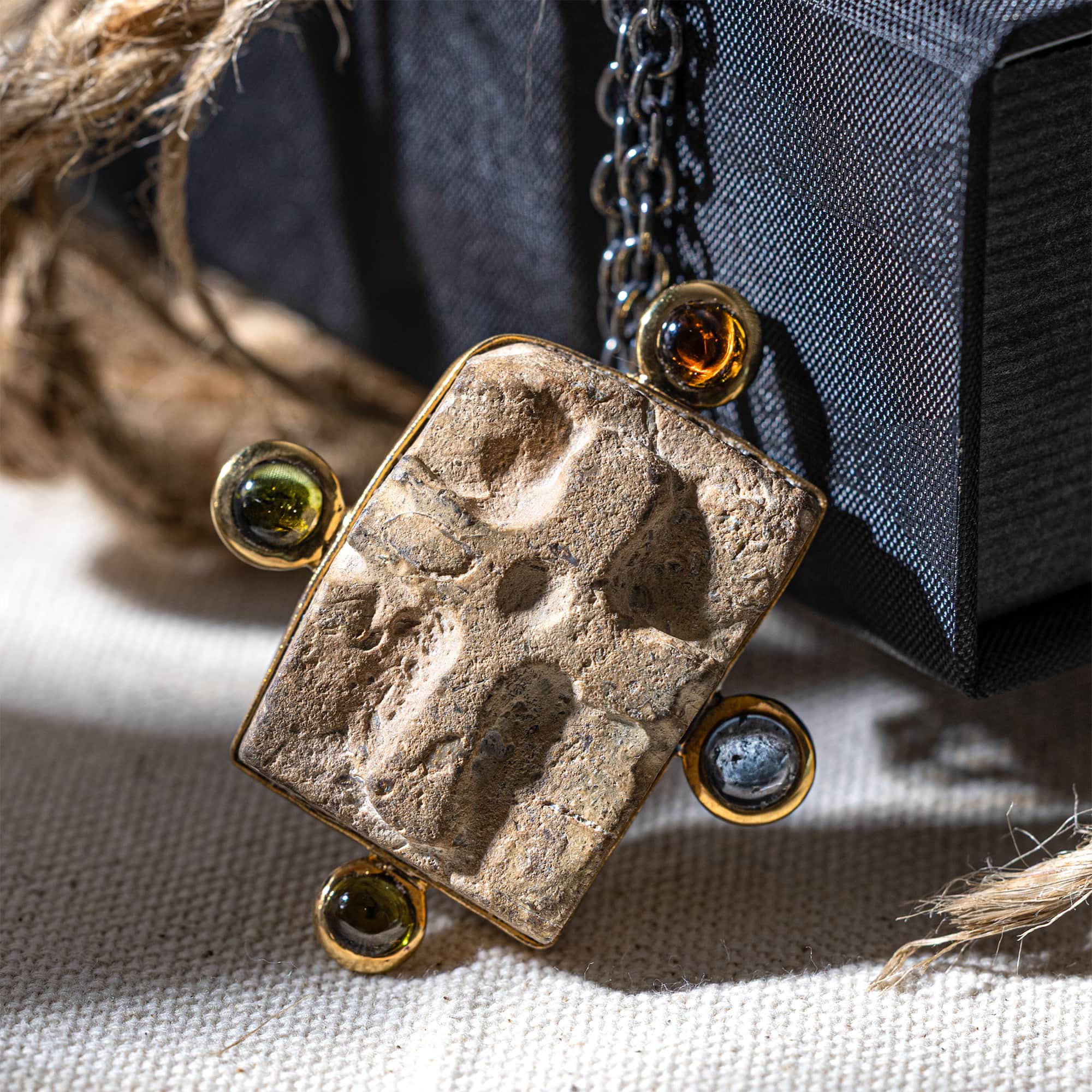 Hagios Sterling Silver Pendant with Ancient Byzantine Stone Cross, Tourmaline & Sapphire
