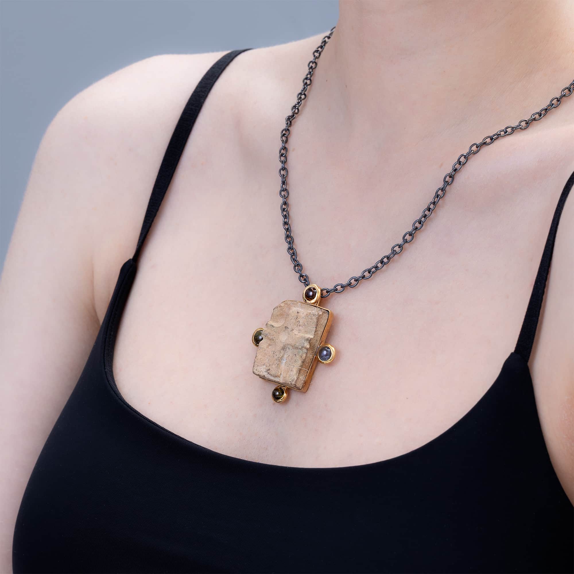Hagios Sterling Silver Pendant with Ancient Byzantine Stone Cross, Tourmaline & Sapphire