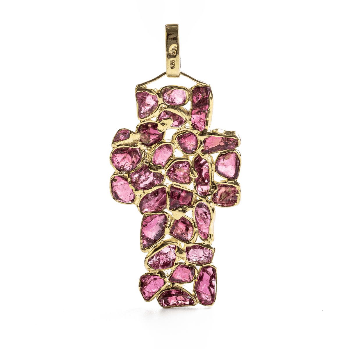 Sliwa Singular Edition Cross Shaped Natural Raw Rhodolite Garnet Mosaic Silver Pendant
