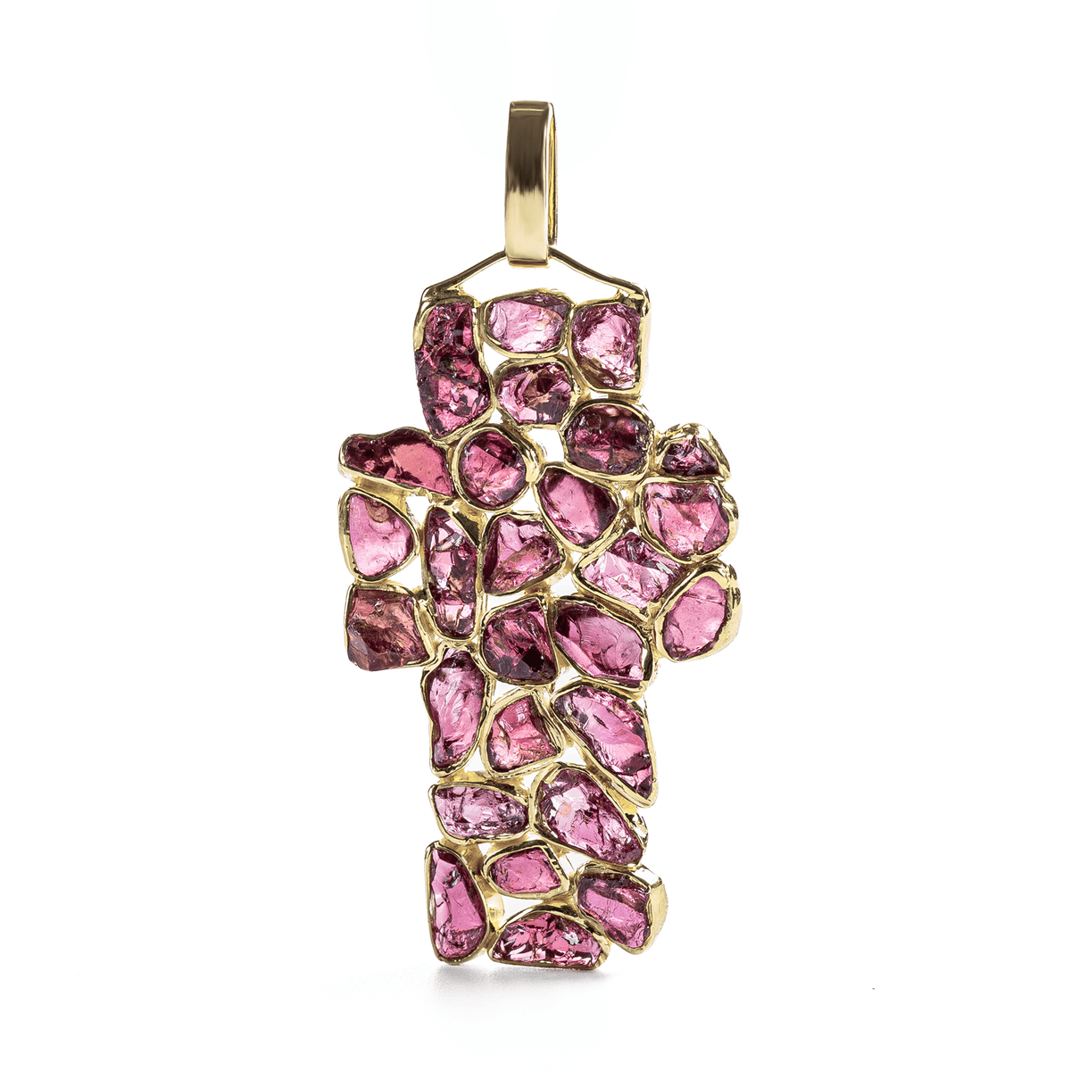 Sliwa Singular Edition Cross Shaped Natural Raw Rhodolite Garnet Mosaic Silver Pendant