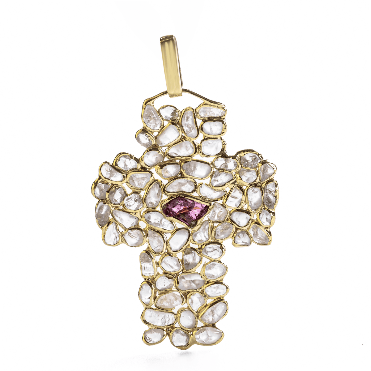 Zakif Singular Edition Cross Shaped Natural Raw White Zircon & Rhodolite Mosaic Silver Pendant