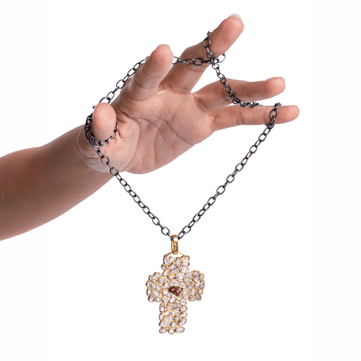 Zakif Singular Edition Cross Shaped Natural Raw White Zircon & Rhodolite Mosaic Silver Pendant