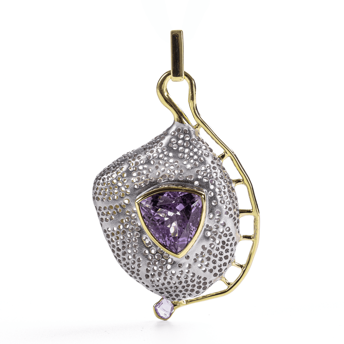 Lucidus Singular Edition Natural Trillion Cut Amethyst & Raw Pink Spinel Silver Pendant