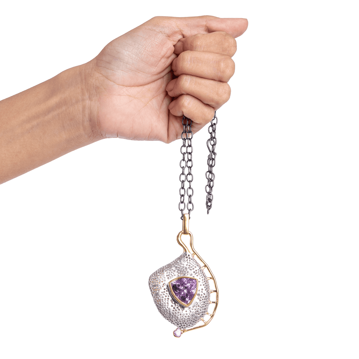 Lucidus Singular Edition Natural Trillion Cut Amethyst & Raw Pink Spinel Silver Pendant