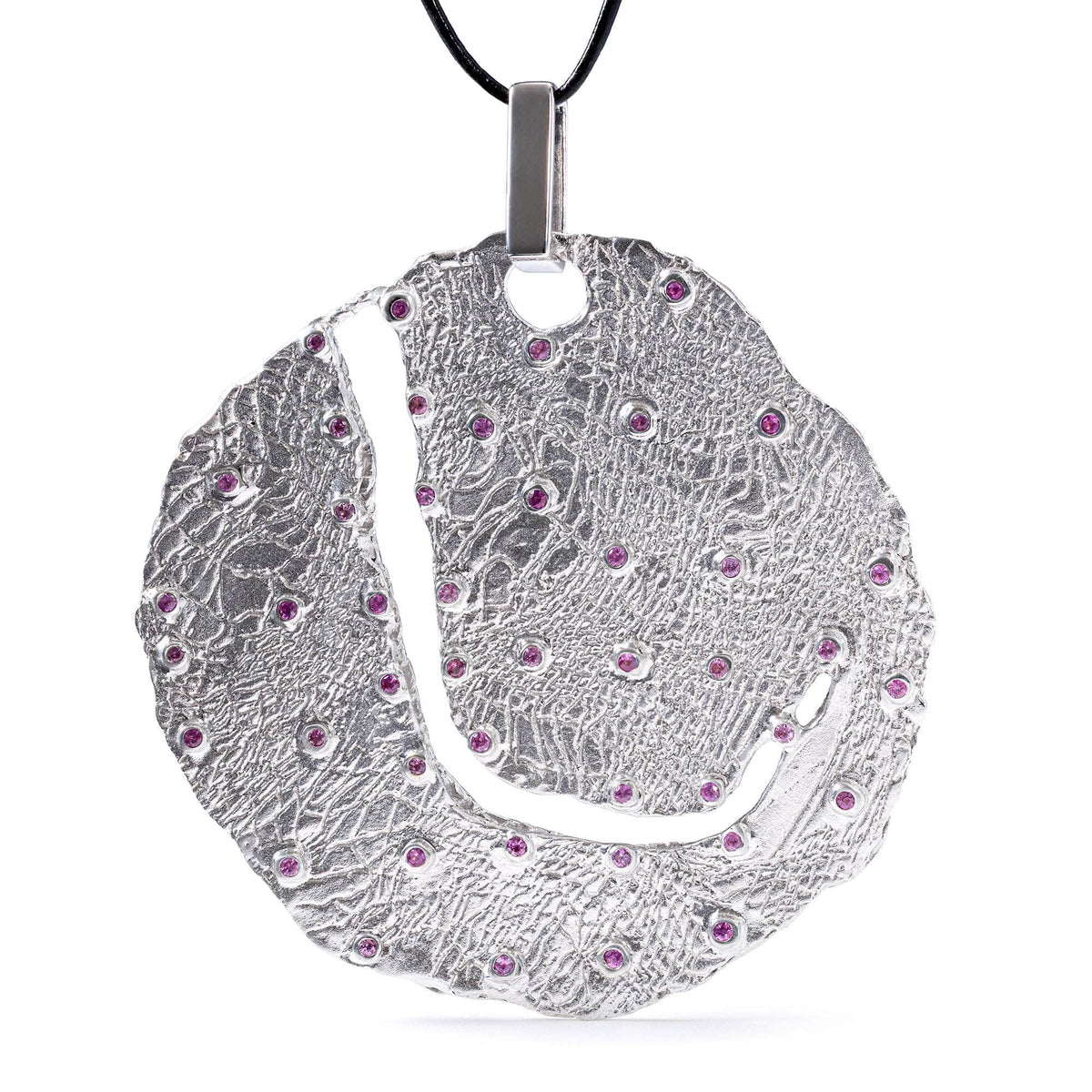 Albedo Disc Pendant with Pink Sapphire on Textured Silver