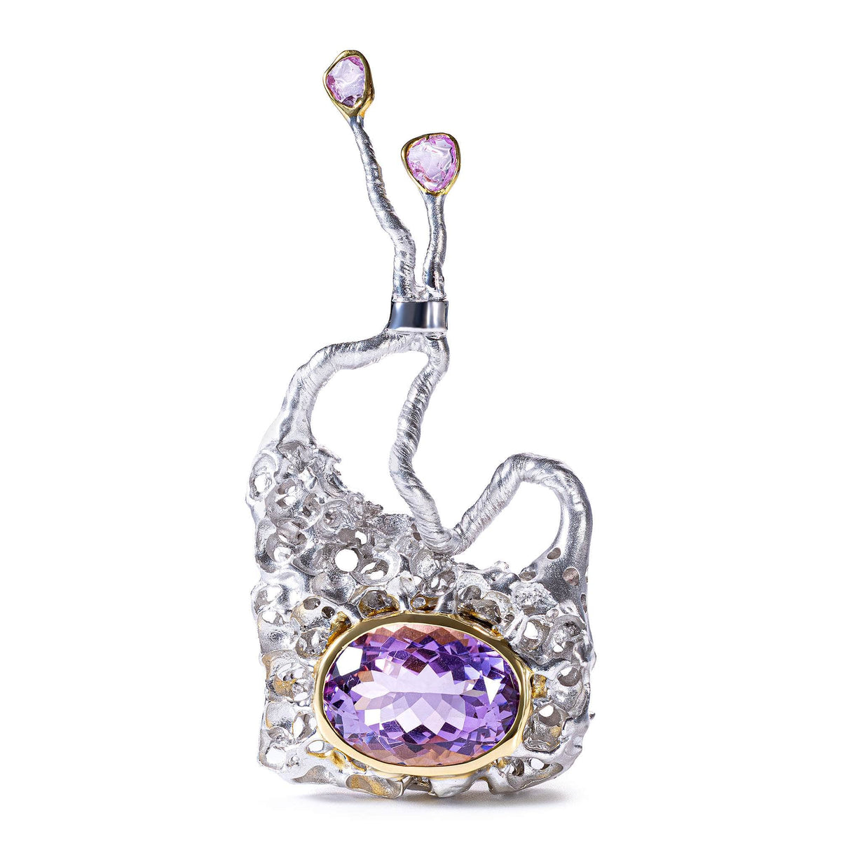 Khet Pendant with Amethyst and Rough Pink Sapphire on Molten Silver