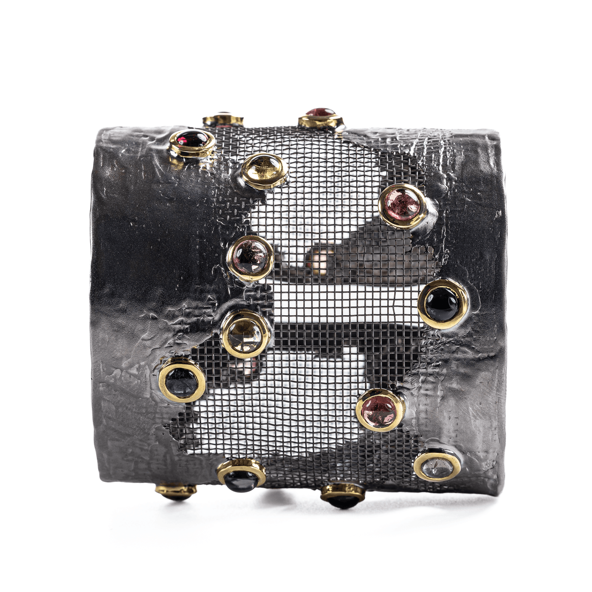 Salik Silver and Titanium Mesh Bangle with Pink, Green, and Blue Tourmalines