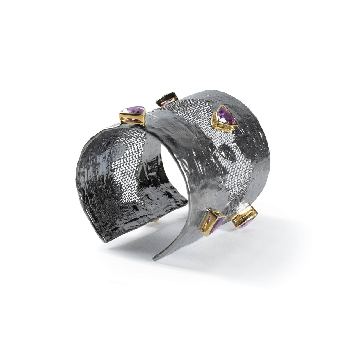 Caranx Silver and Titanium Mesh Bangle with Trillion Cut Amethyst