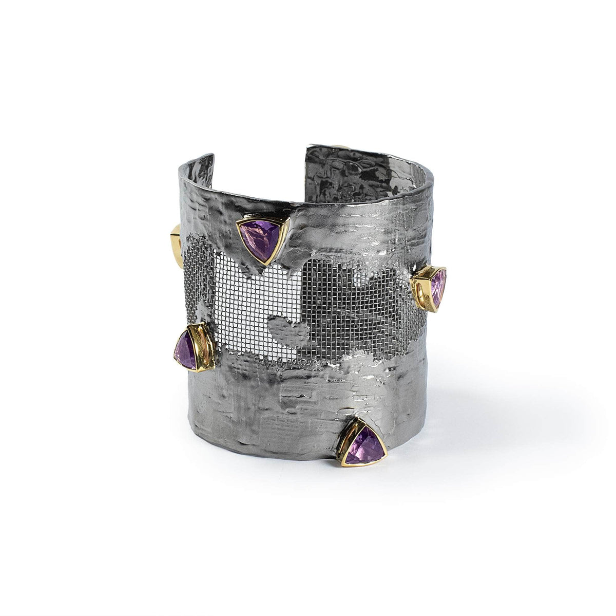 Caranx Silver and Titanium Mesh Bangle with Trillion Cut Amethyst
