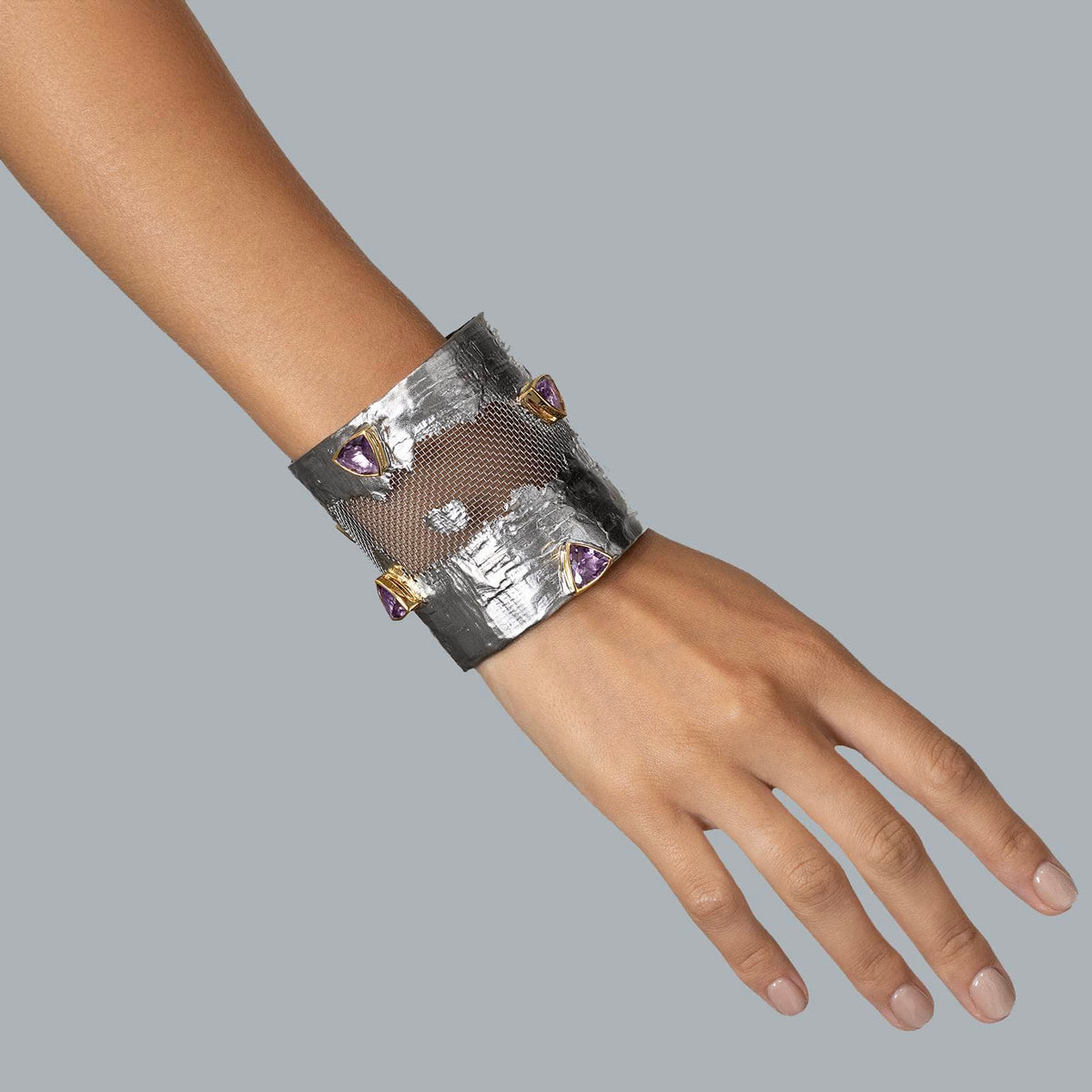 Caranx Silver and Titanium Mesh Bangle with Trillion Cut Amethyst