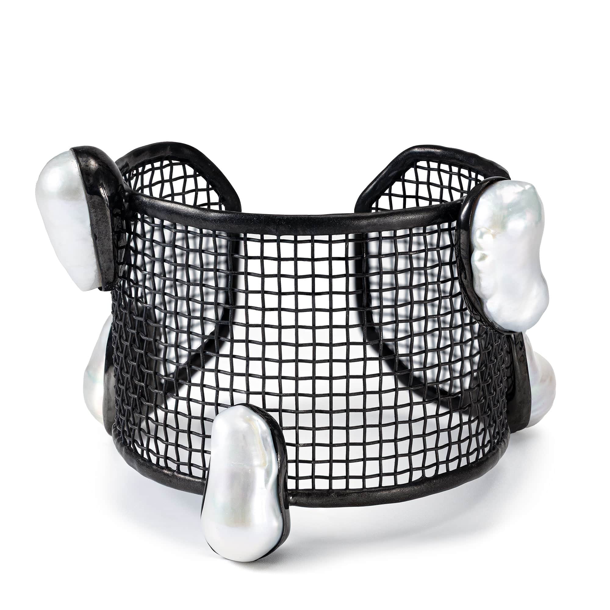 Kalon Singular Edition Titanium Mesh & Silver Bangle in Anthracite with Baroque Pearl