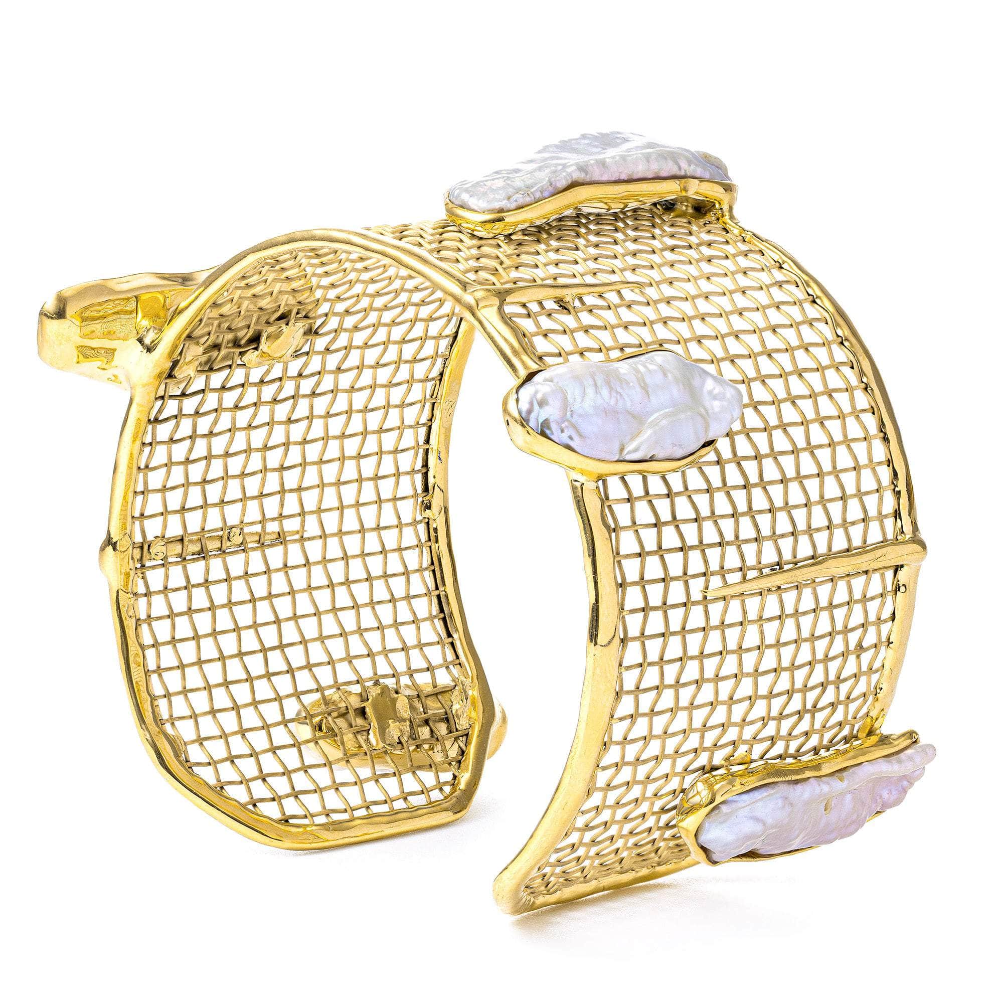 Callisto Baroque Pearl Bracelet in 24K Gold-Plated Silver and Titanium Mesh