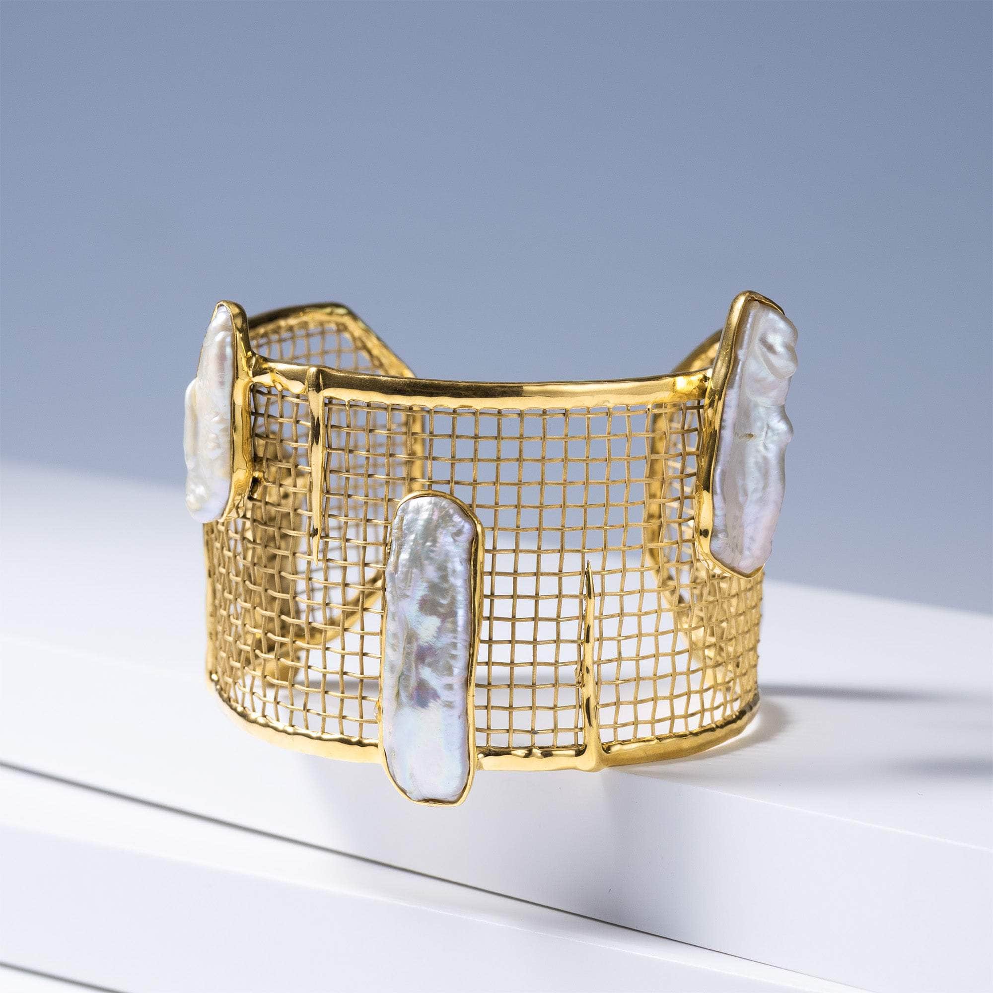 Callisto Baroque Pearl Bracelet in 24K Gold-Plated Silver and Titanium Mesh