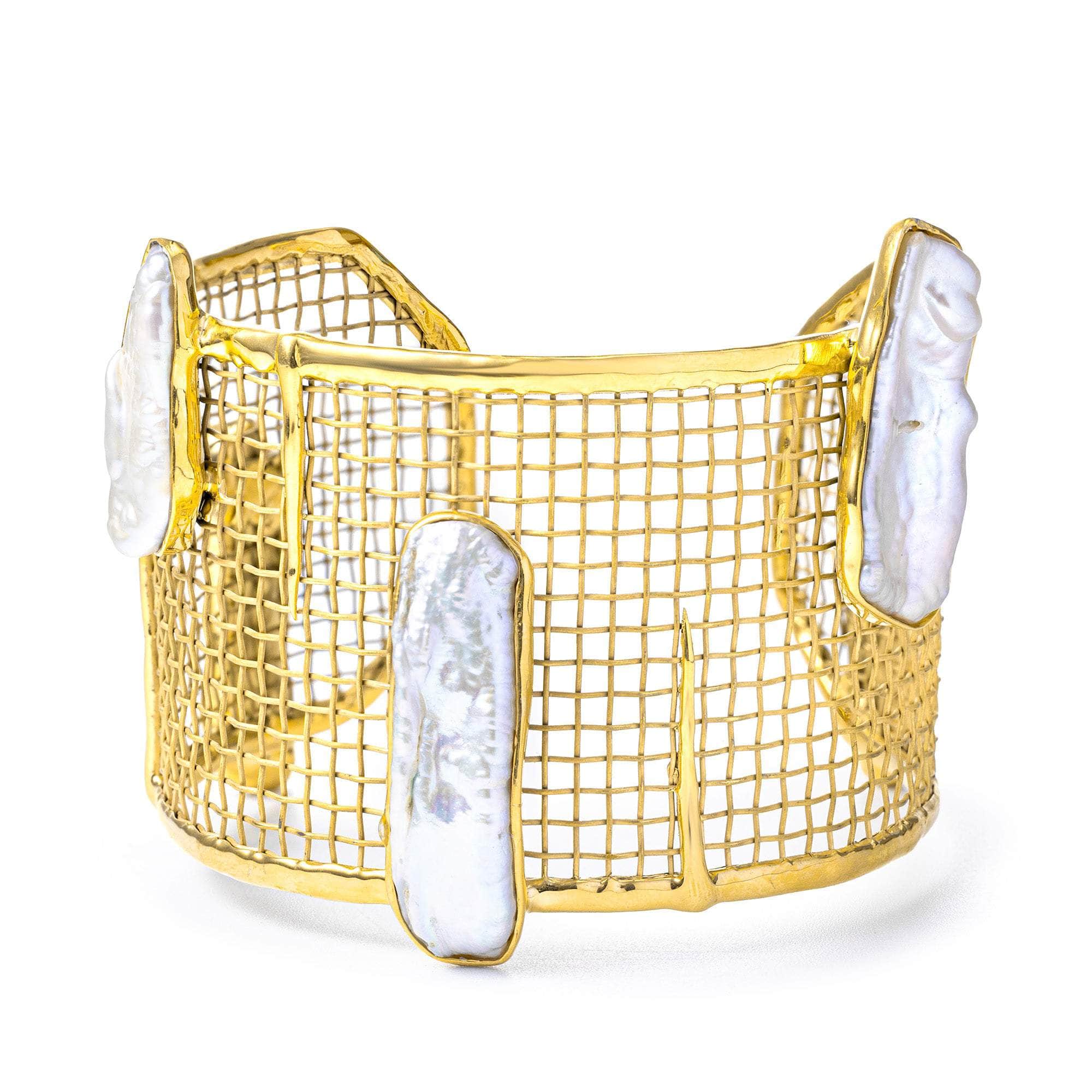 Callisto Baroque Pearl Bracelet in 24K Gold-Plated Silver and Titanium Mesh