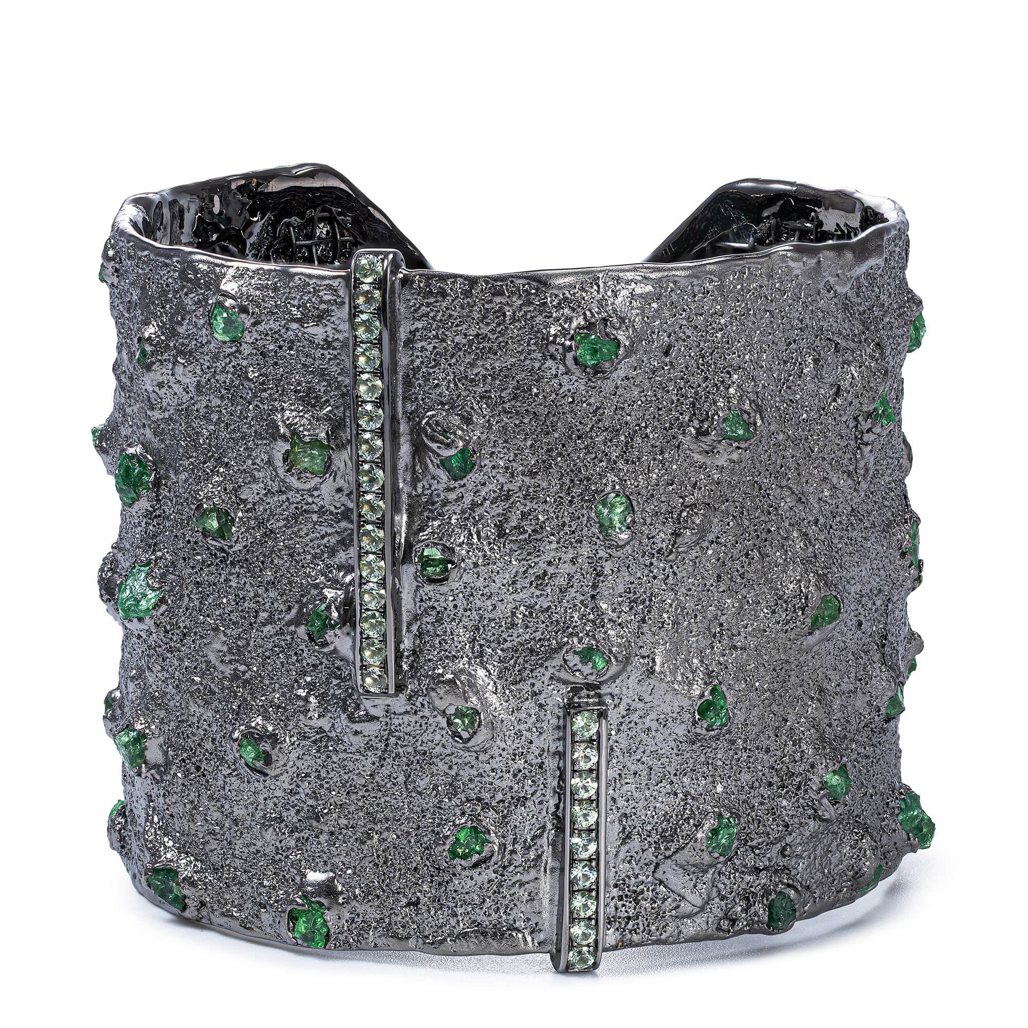 Styx Singular Design Mixed Metal Bracelet with Raw Tsavorite Garnet & Green Sapphire