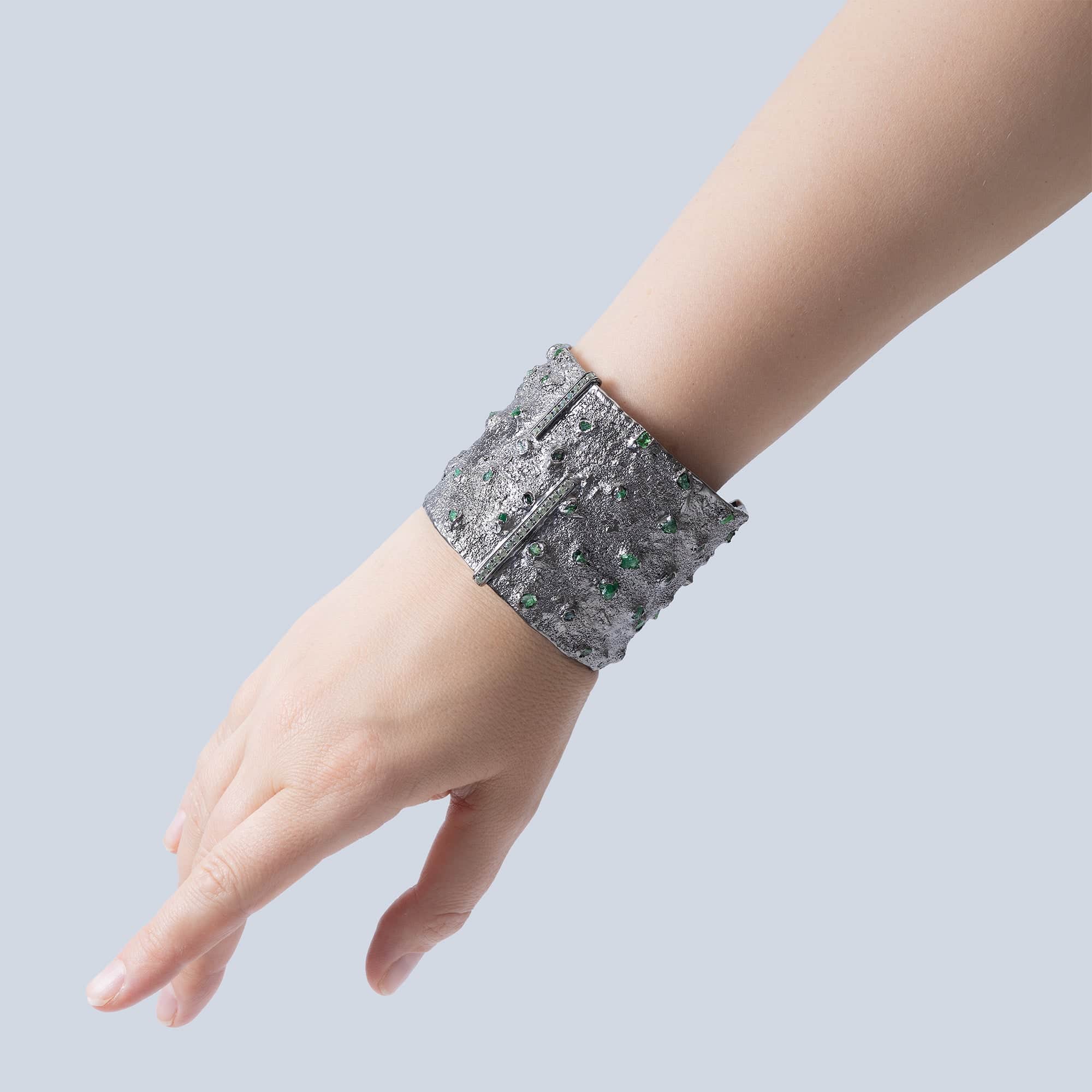 Styx Singular Design Mixed Metal Bracelet with Raw Tsavorite Garnet & Green Sapphire