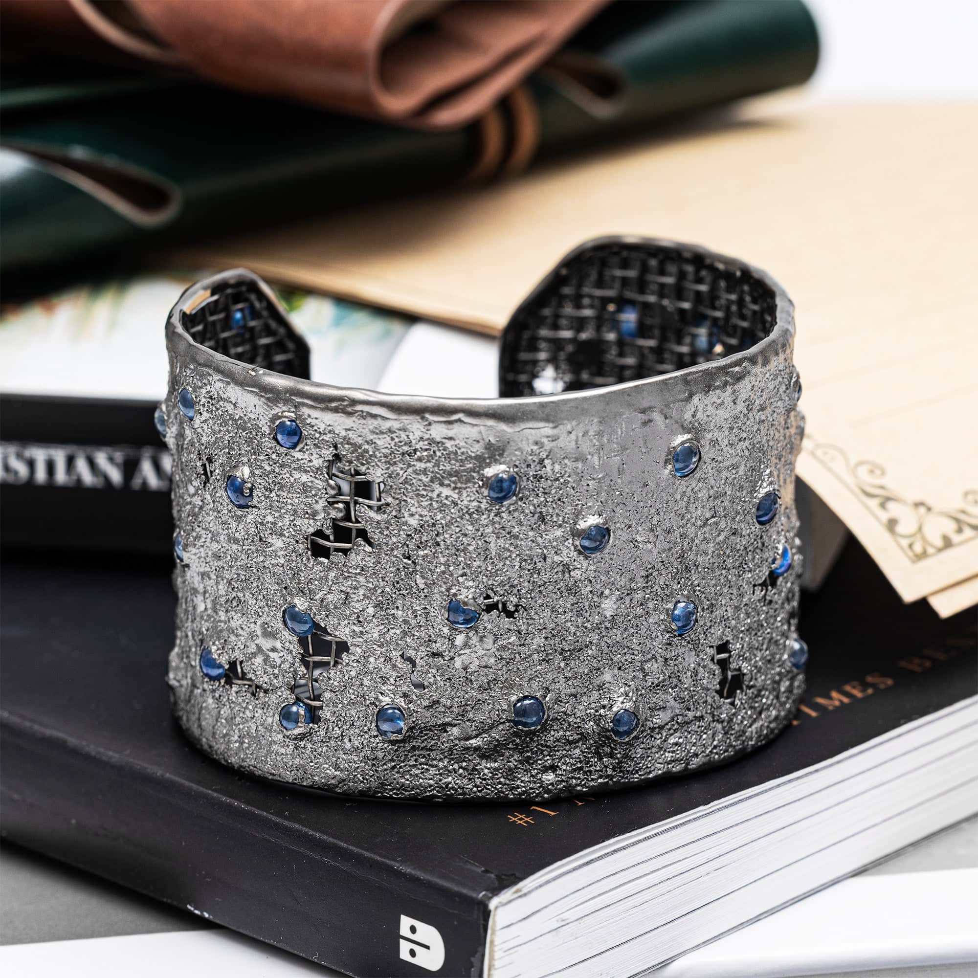 Thyre Mixed Metal Singular Bracelet with Natural Cabochon Blue Sapphires