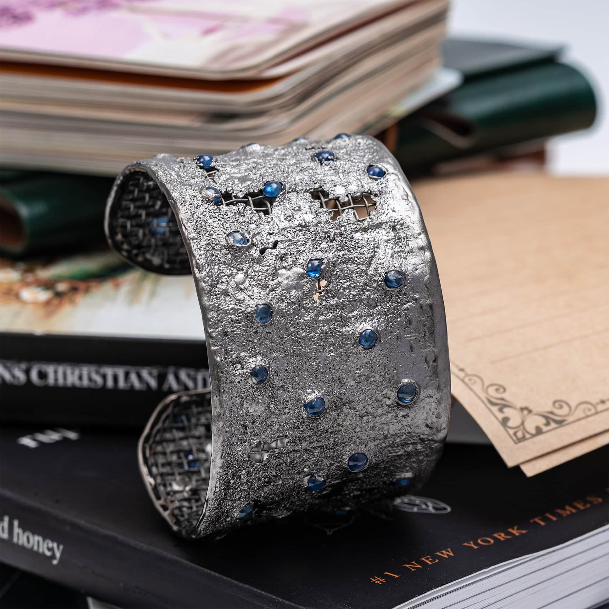 Thyre Mixed Metal Singular Bracelet with Natural Cabochon Blue Sapphires