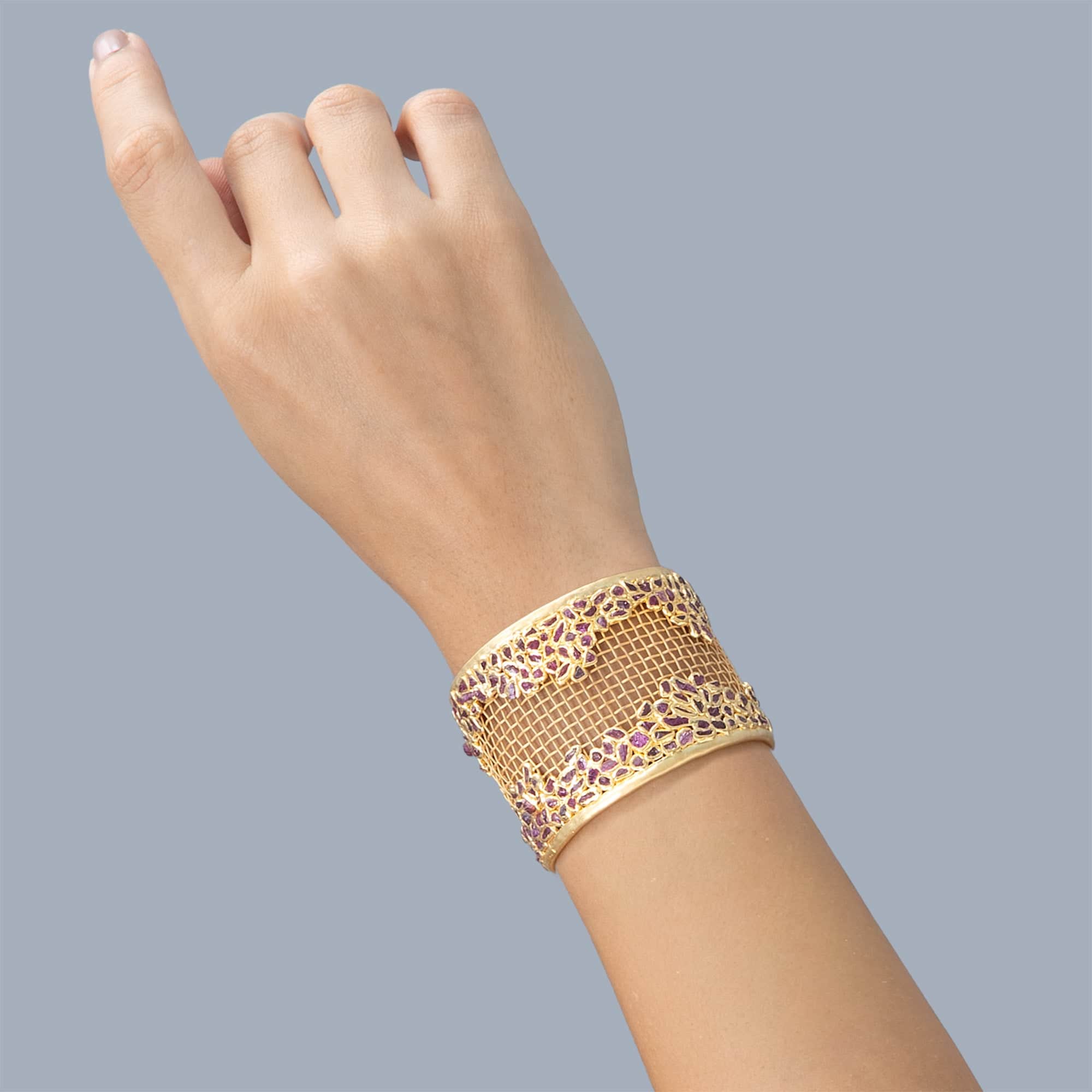 Gravitas Singular Edition Titanium Mesh & Silver Bangle in 14K Gold with Rough Ruby