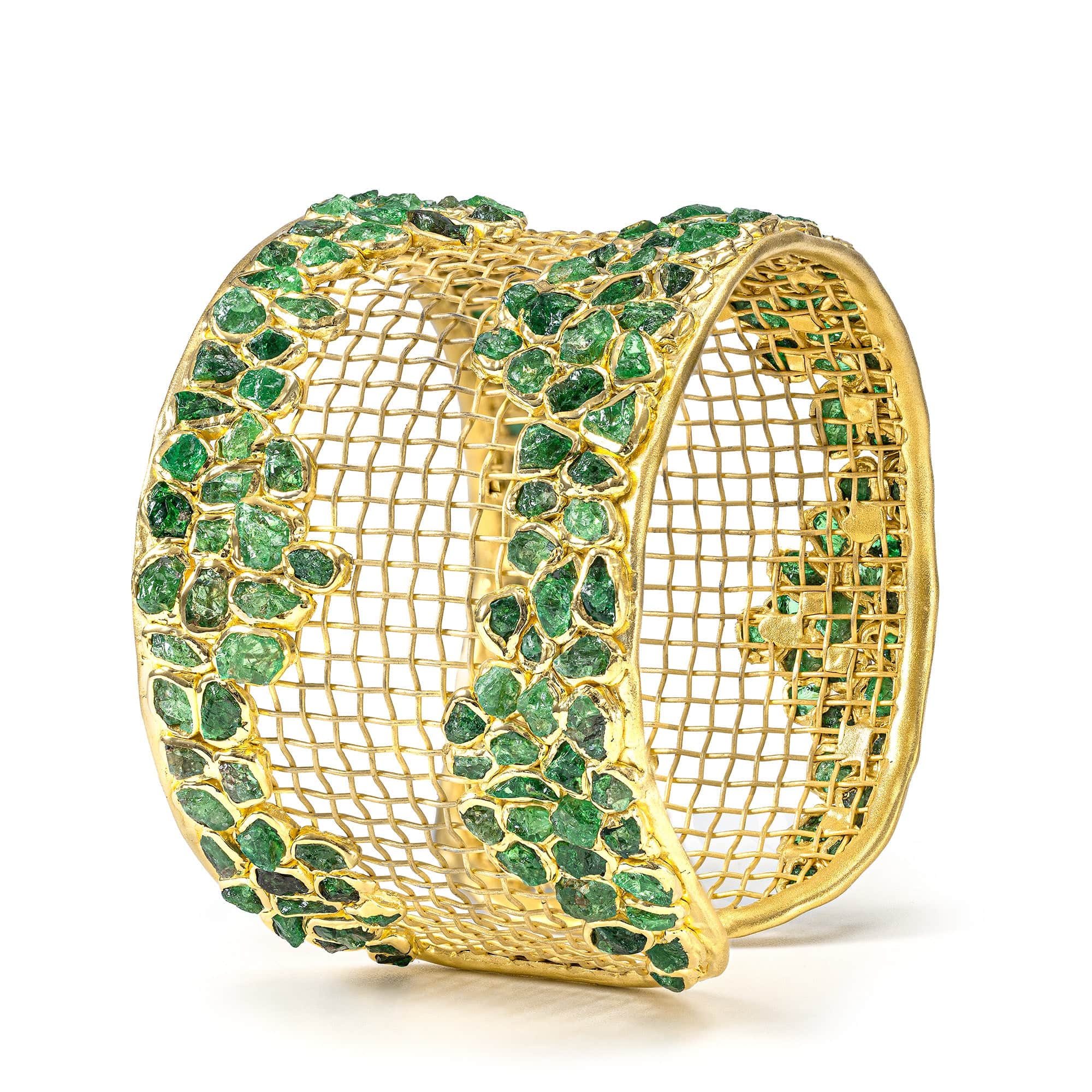 Virtus Singular Edition Titanium Mesh & Silver Bangle in 14K Gold with Rough Tsavorite