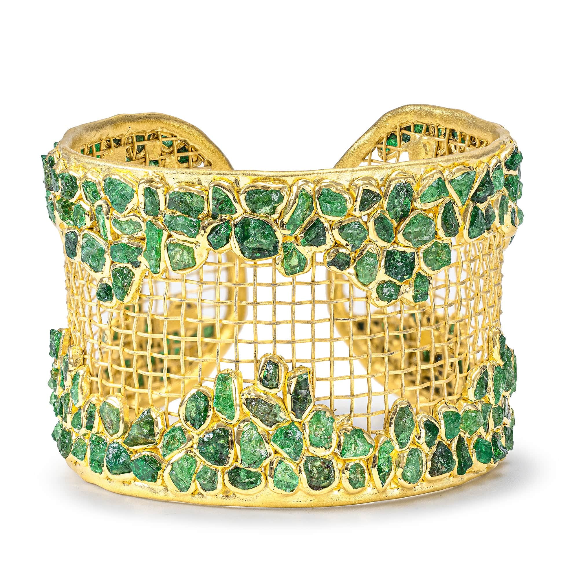 Virtus Singular Edition Titanium Mesh & Silver Bangle in 14K Gold with Rough Tsavorite