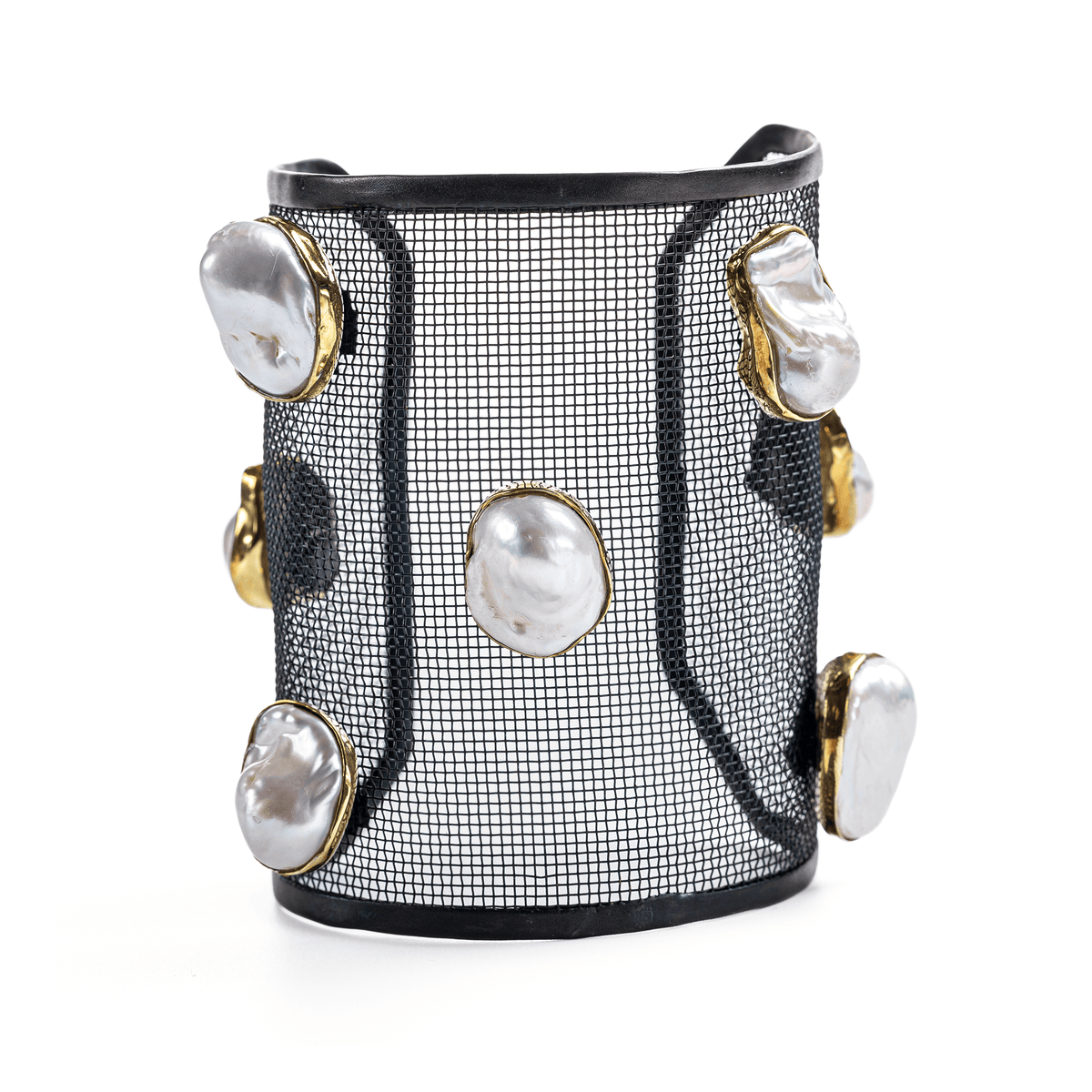 Herem Silver and Titanium Mesh Bangle with Baroque Pearls