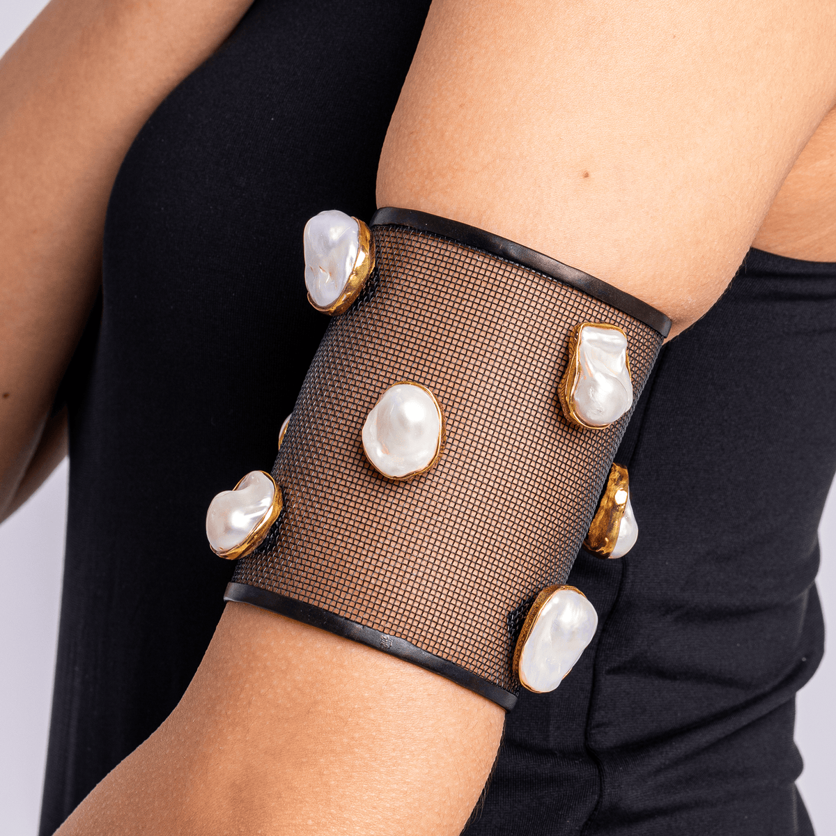 Herem Silver and Titanium Mesh Bangle with Baroque Pearls