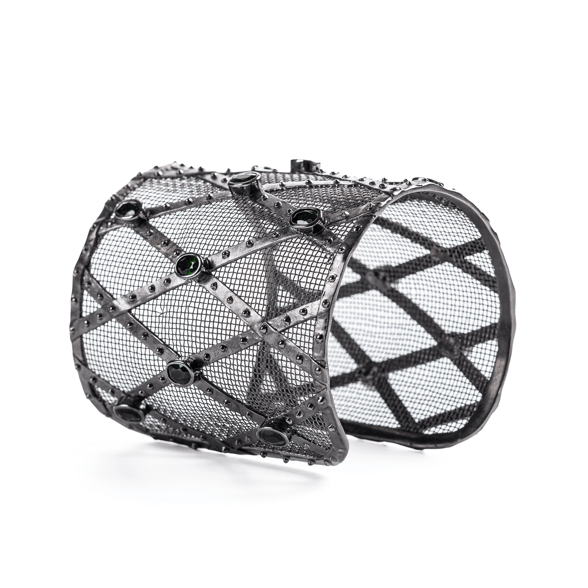Saparru Silver and Titanium Mesh Bangle with Large Oval Cut Chrome Diopside