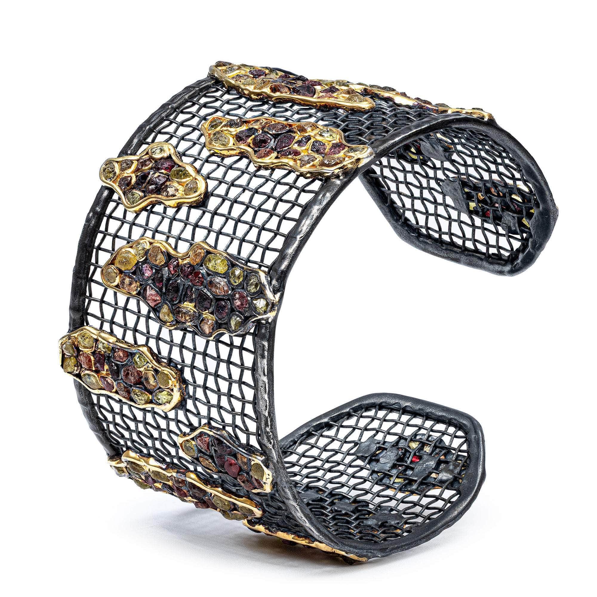 Hecate One of a Kind Bracelet in 14K Gold Plated Oxidized Silver and Titanium Mesh with Rough Mixed Sapphire Clusters
