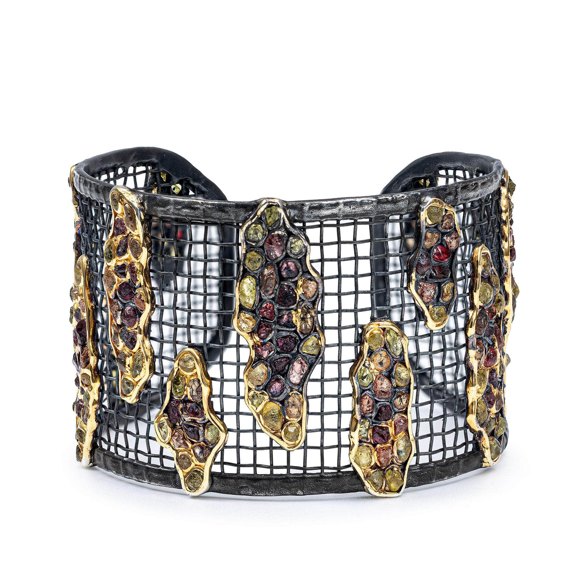 Hecate One of a Kind Bracelet in 14K Gold Plated Oxidized Silver and Titanium Mesh with Rough Mixed Sapphire Clusters