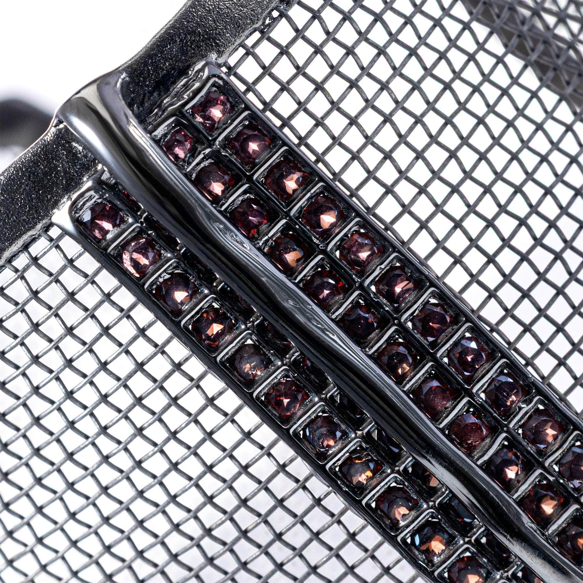 Clio Wide Statement Bracelet in Ruthenium-Plated Silver and Titanium Mesh with 256 Round Rhodolite Garnets