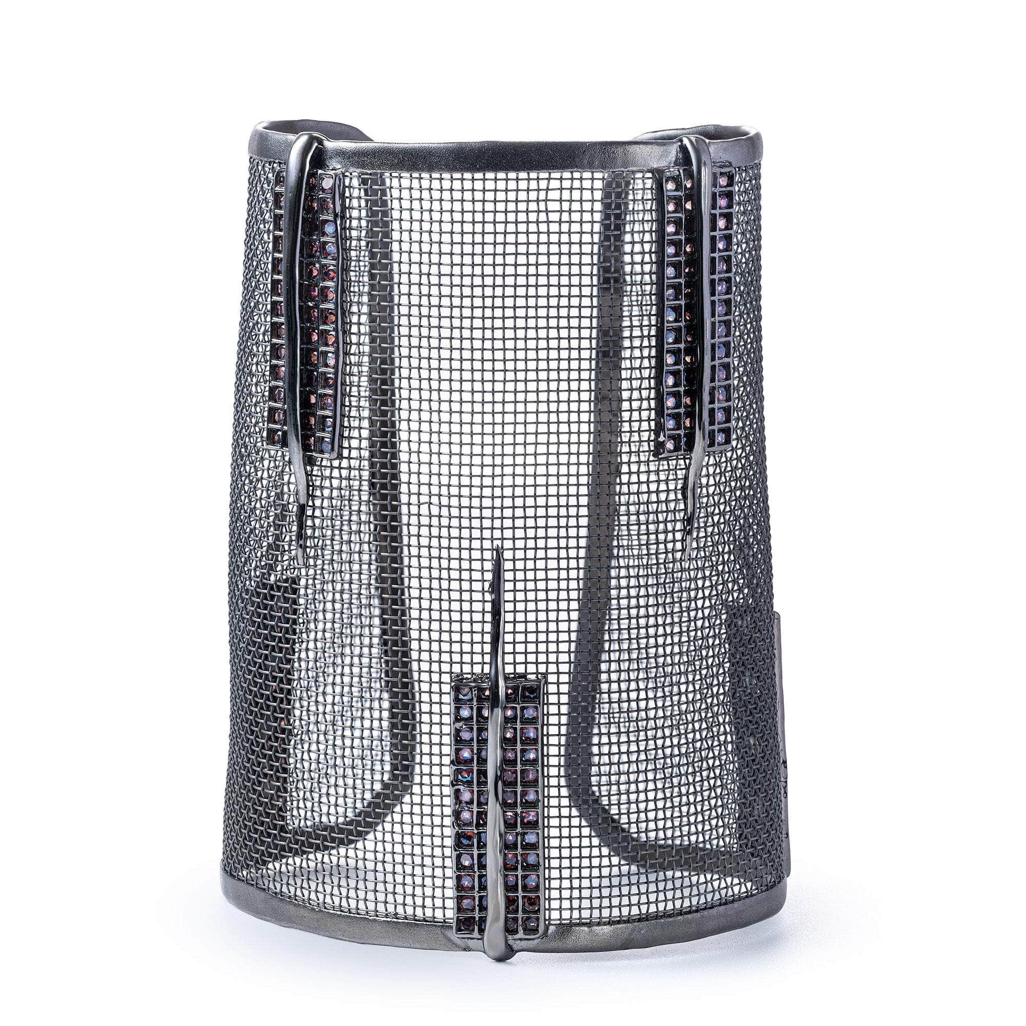 Clio Wide Statement Bracelet in Ruthenium-Plated Silver and Titanium Mesh with 256 Round Rhodolite Garnets