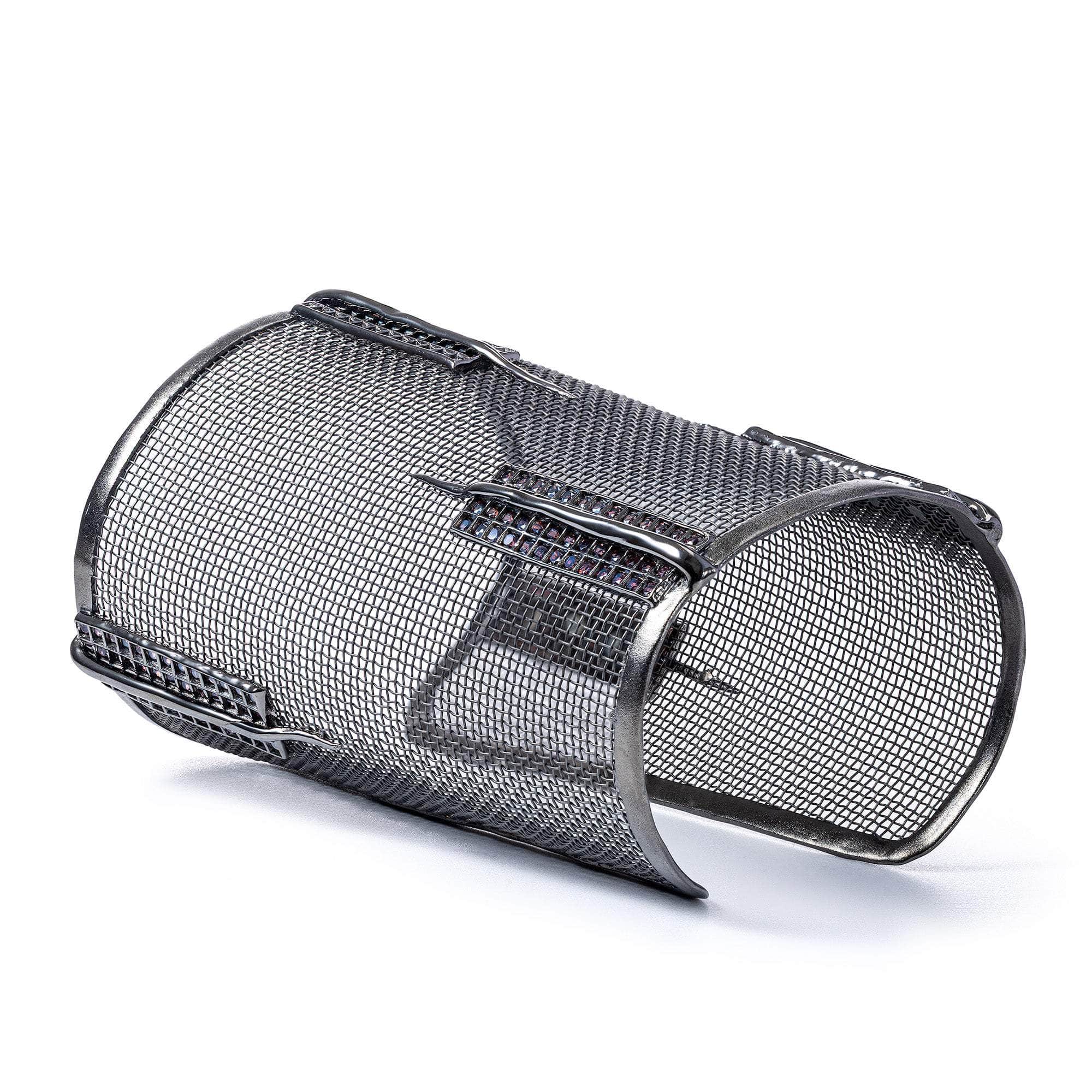Clio Wide Statement Bracelet in Ruthenium-Plated Silver and Titanium Mesh with 256 Round Rhodolite Garnets