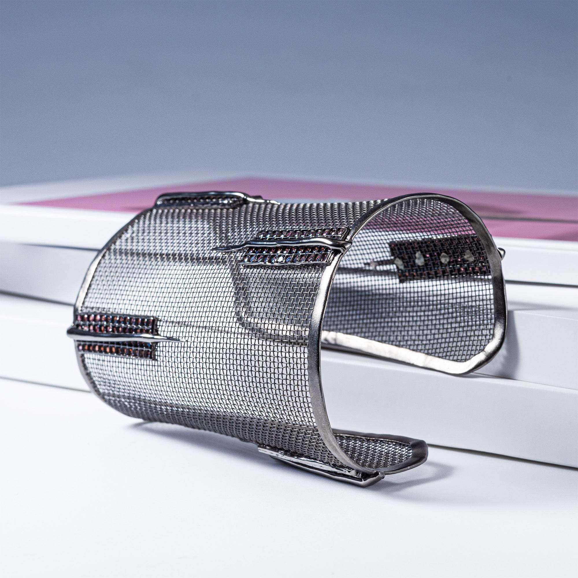 Clio Wide Statement Bracelet in Ruthenium-Plated Silver and Titanium Mesh with 256 Round Rhodolite Garnets