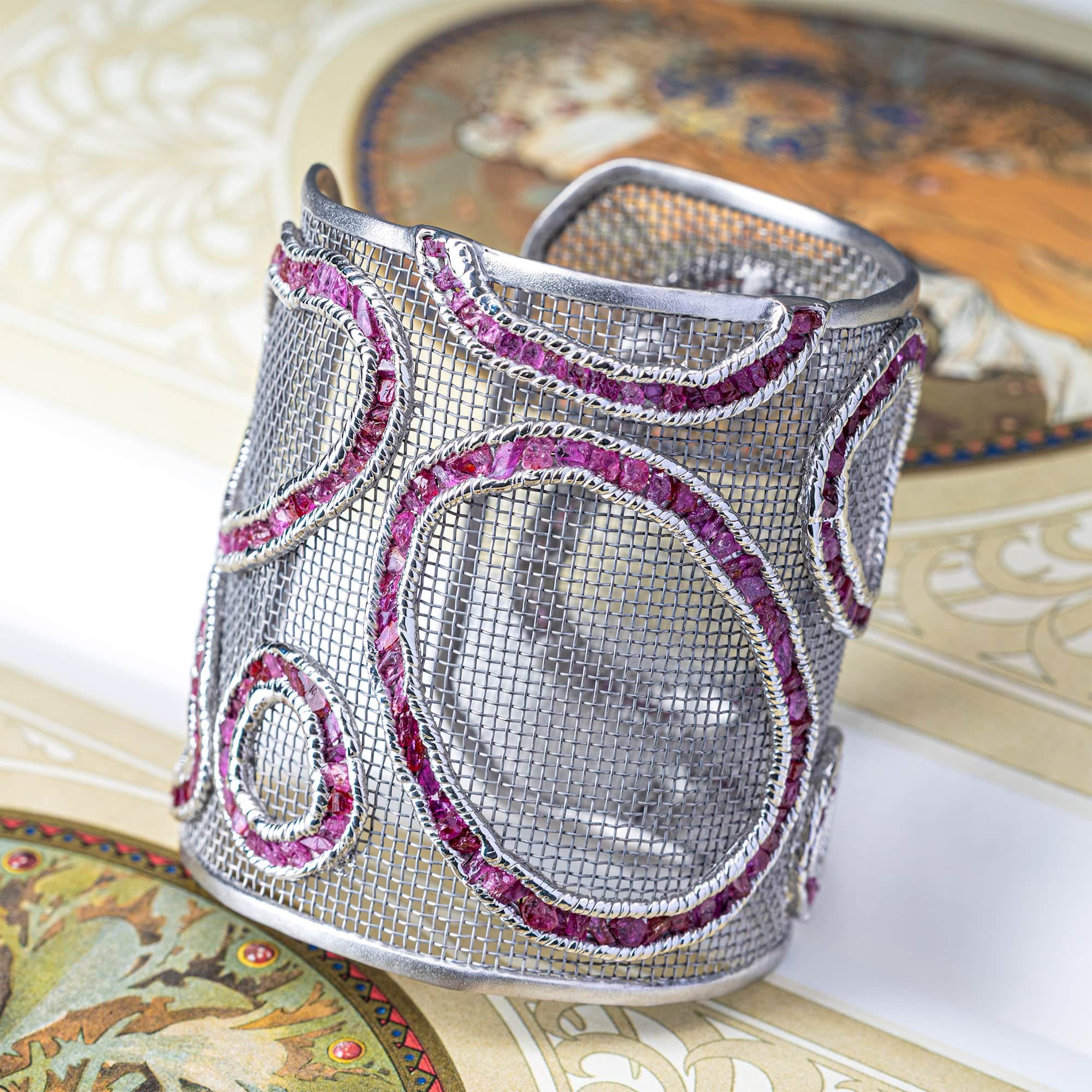 Signum Singular Edition Titanium Mesh & Silver Bangle with Rough Ruby