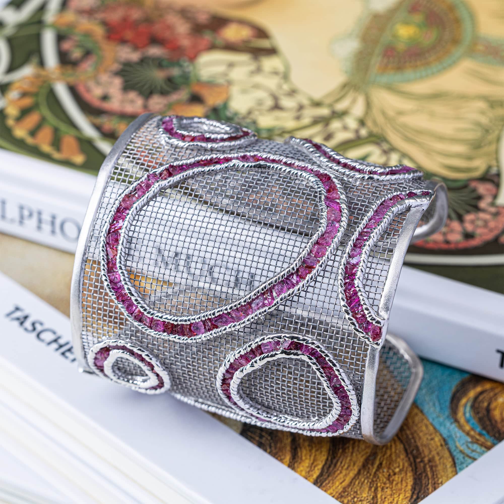 Signum Singular Edition Titanium Mesh & Silver Bangle with Rough Ruby