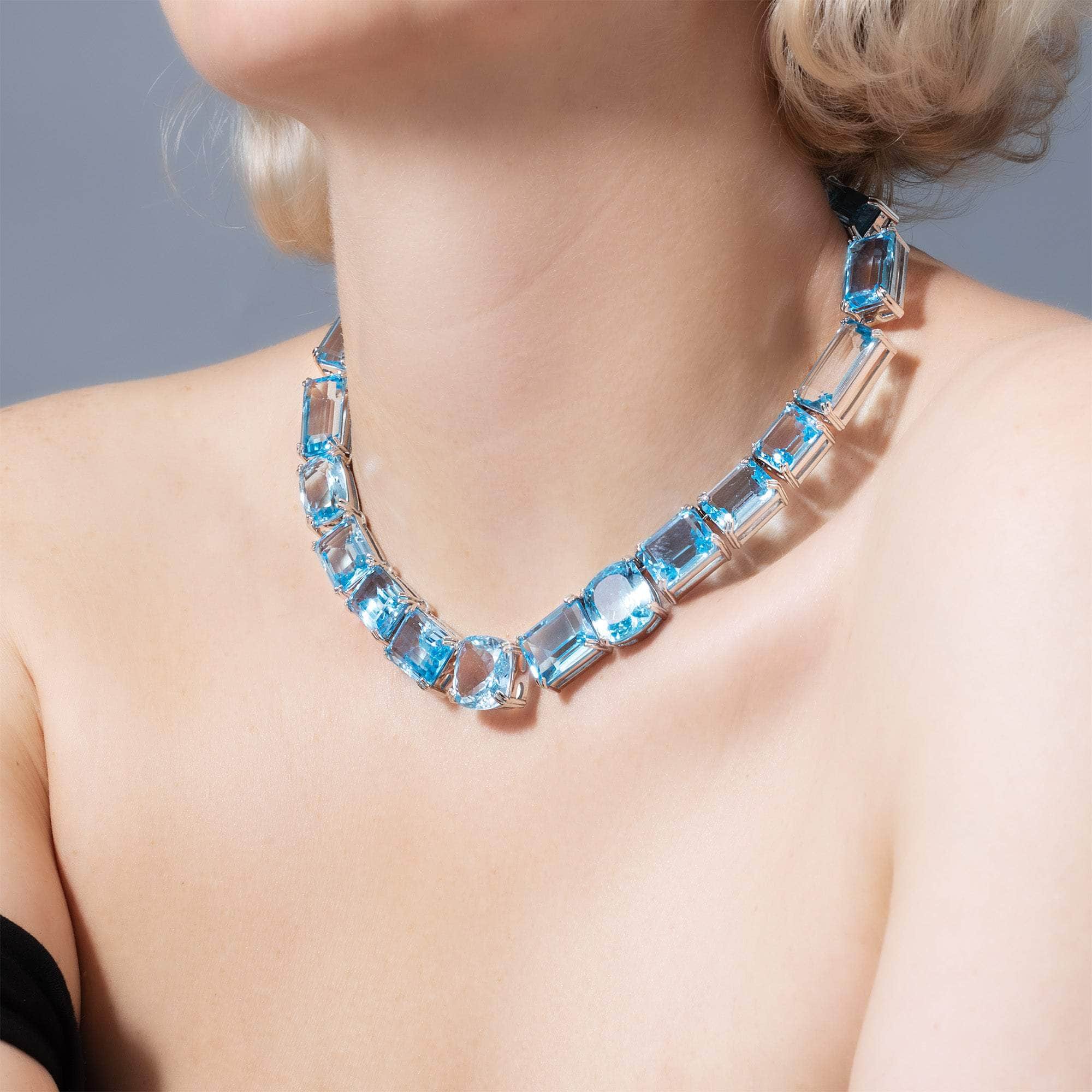 Aurell Sterling Silver Necklace With Multi-Cut Blue Topaz Gemstones for Bold Jewelry Look