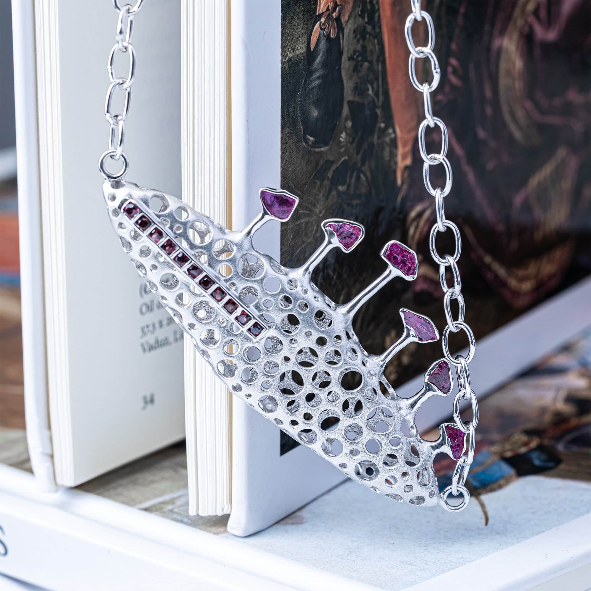 Notos Singular Edition Silver Necklace with Raw Rubies & Rhodolite Garnet Line