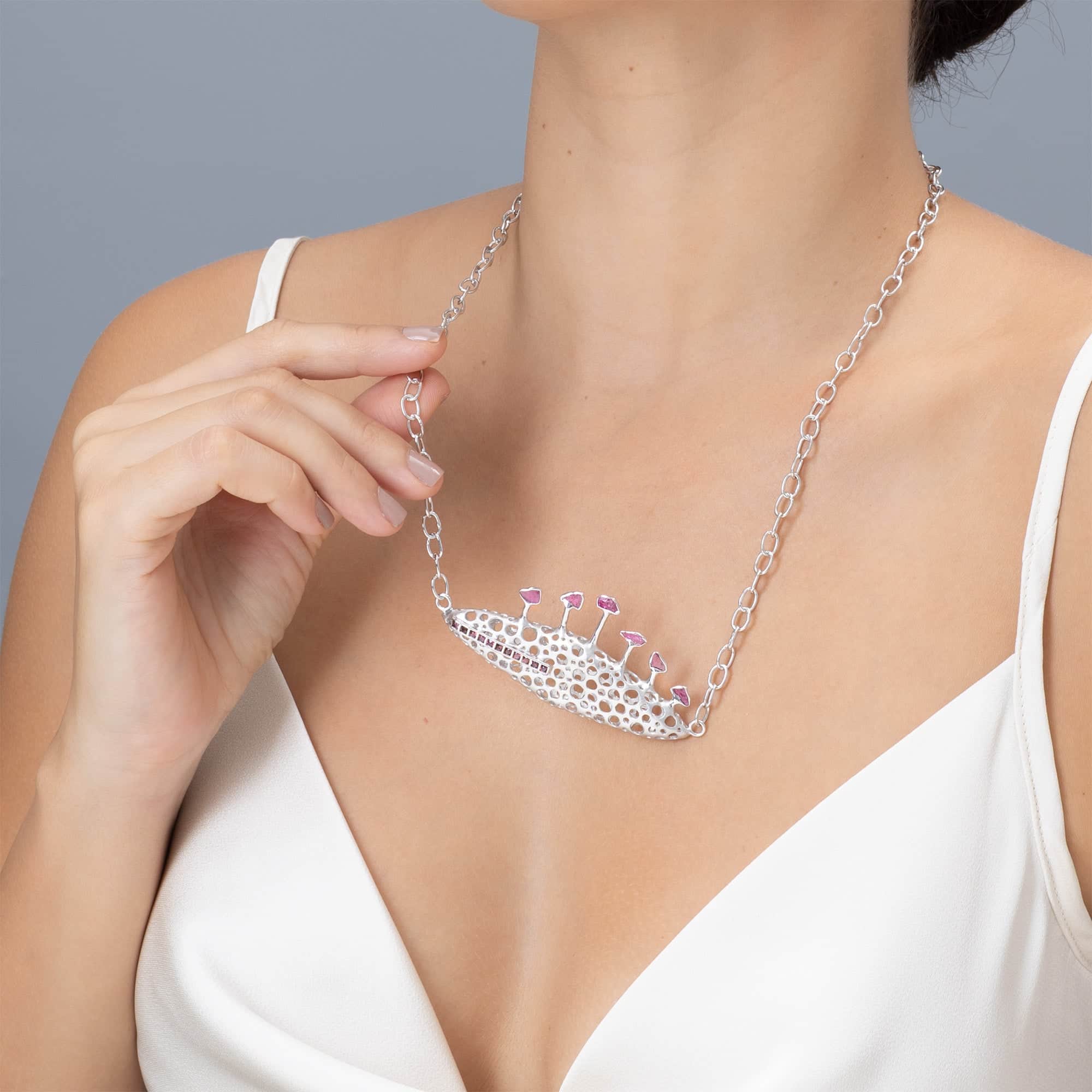 Notos Singular Edition Silver Necklace with Raw Rubies & Rhodolite Garnet Line